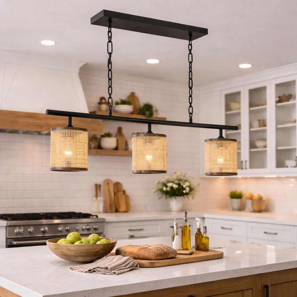 Elysian Three Lights Island With Natural Rattan Shade Farmhouse Chain Ceiling Lamp