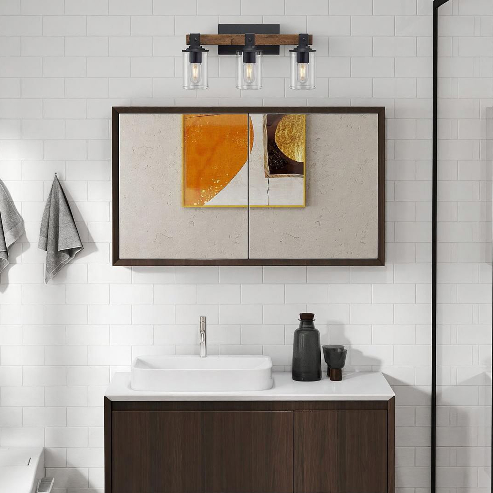 3-Light Farmhouse Bathroom Vanity Light, Rustic Wood & Black Metal with Clear Glass Shade Over Mirror