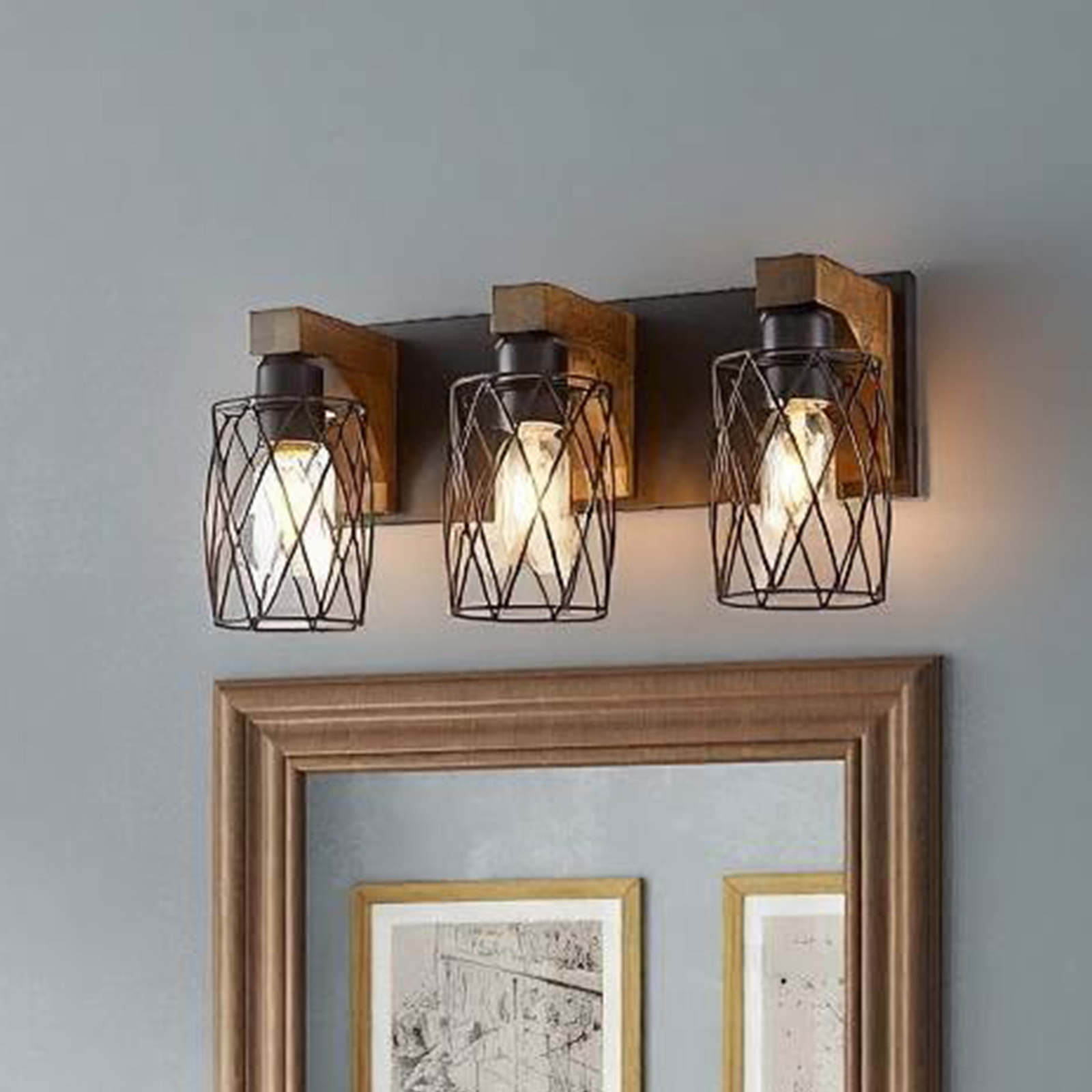 3-Light Farmhouse Bathroom Vanity Light, Rustic Wood & Black Metal Wall Sconce for Mirror