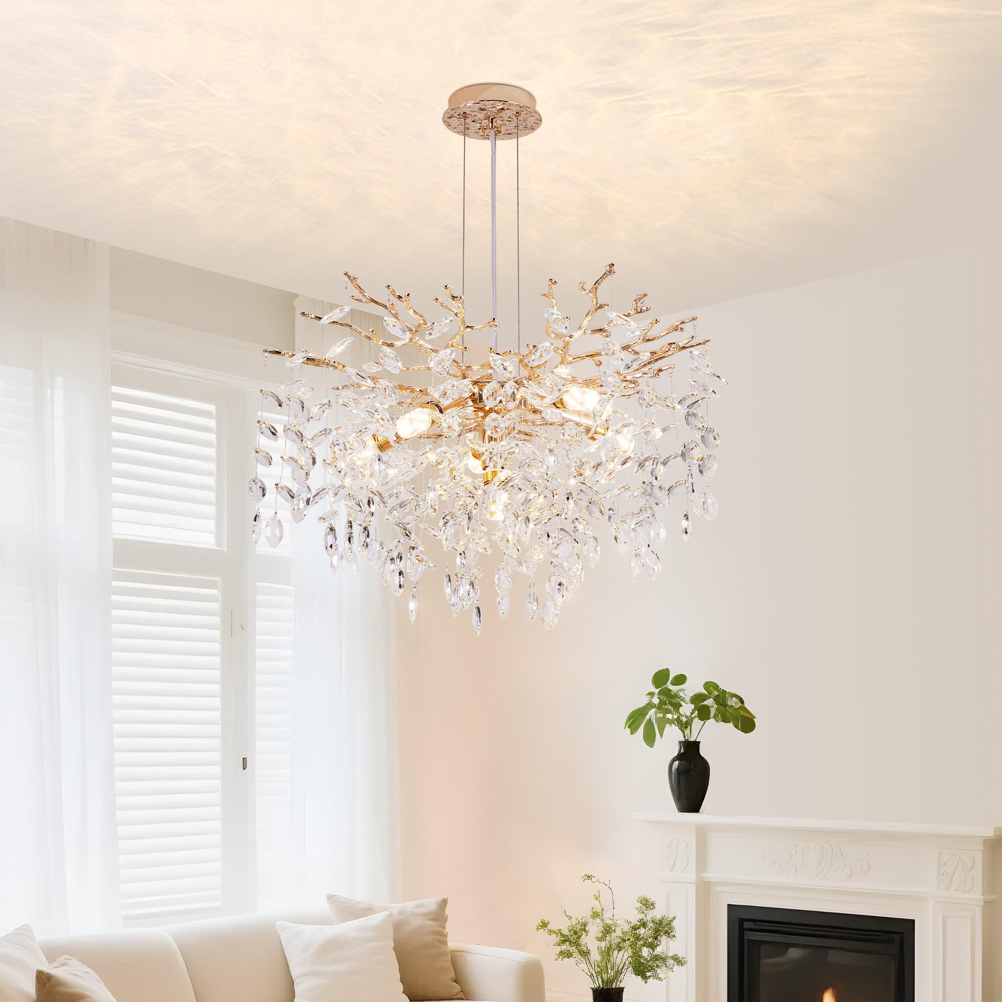 Modern Tree Branch Crystal Chandelier Luxury Gold Crystal Pendant Lighting 23.6" Contemporary 6-Light Chandeliers for Dining Room Kitchen Bedroom Living Room