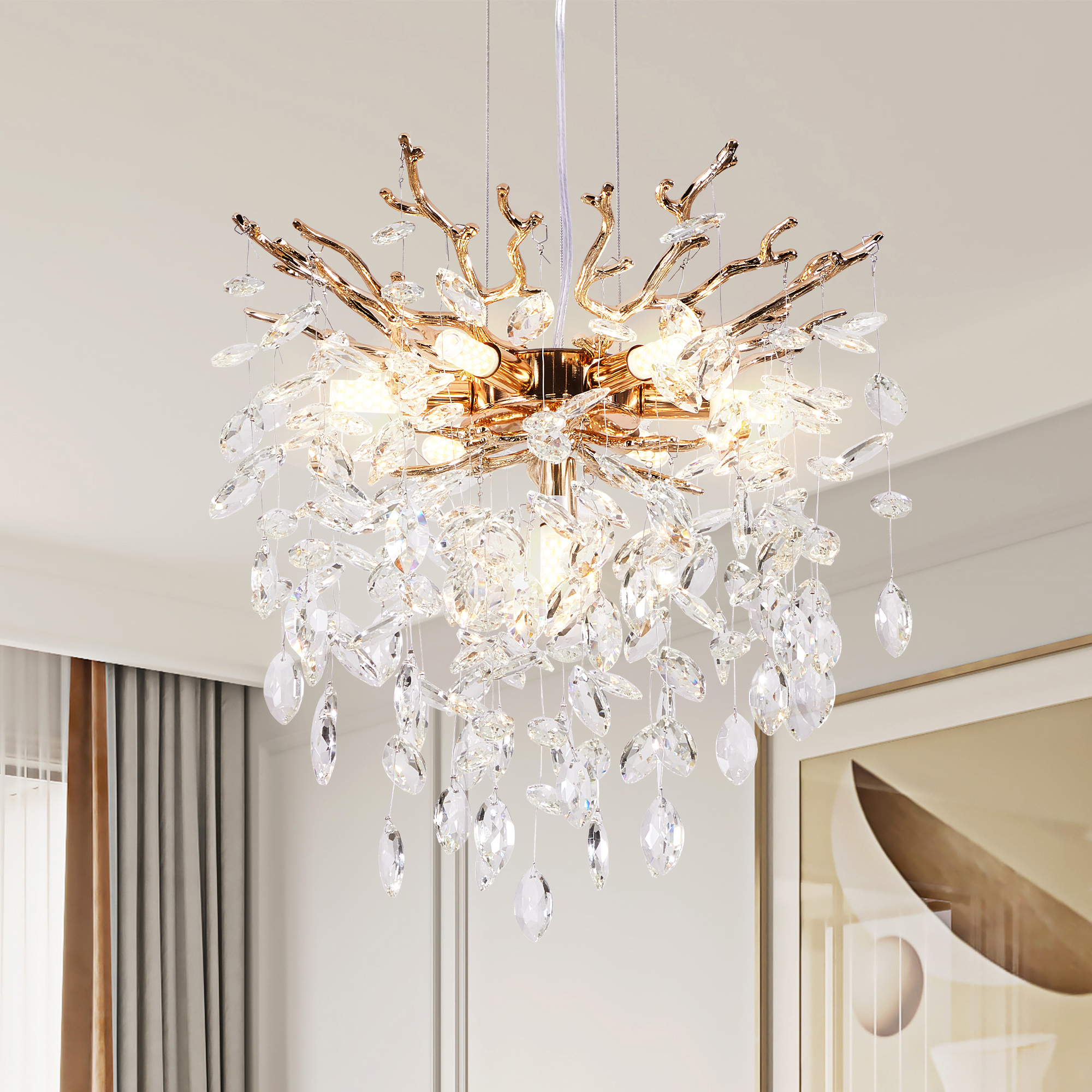 Modern Tree Branch Crystal Chandelier Luxury Gold Crystal Pendant Lighting 18" Contemporary 7-Light Chandeliers for Dining Room Kitchen Bedroom Living Room