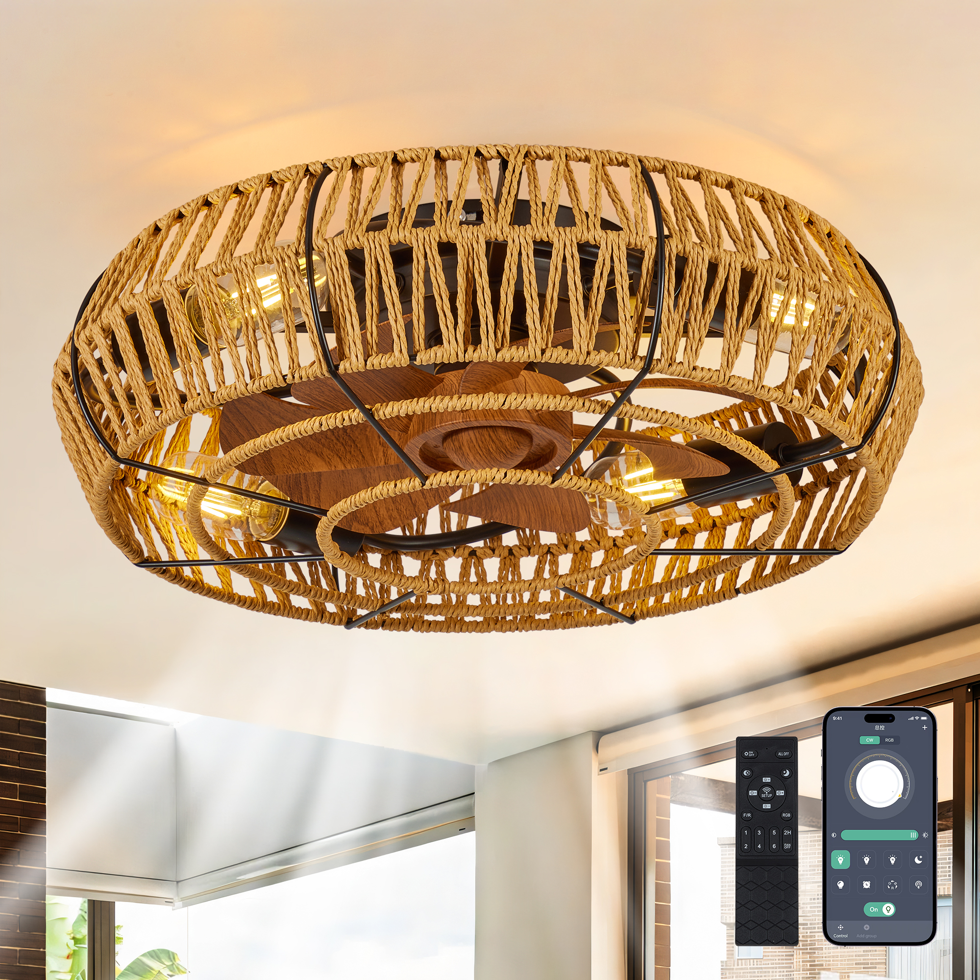 19" Caged Ceiling Fans with Lights and Remote, Boho Flush Mount Ceiling Fan with Light, Low Profile Chandelier 6 Speed Bladeless Reversible Ceiling Fan w/ 4 Bulbs. for Living Room Bedroom.