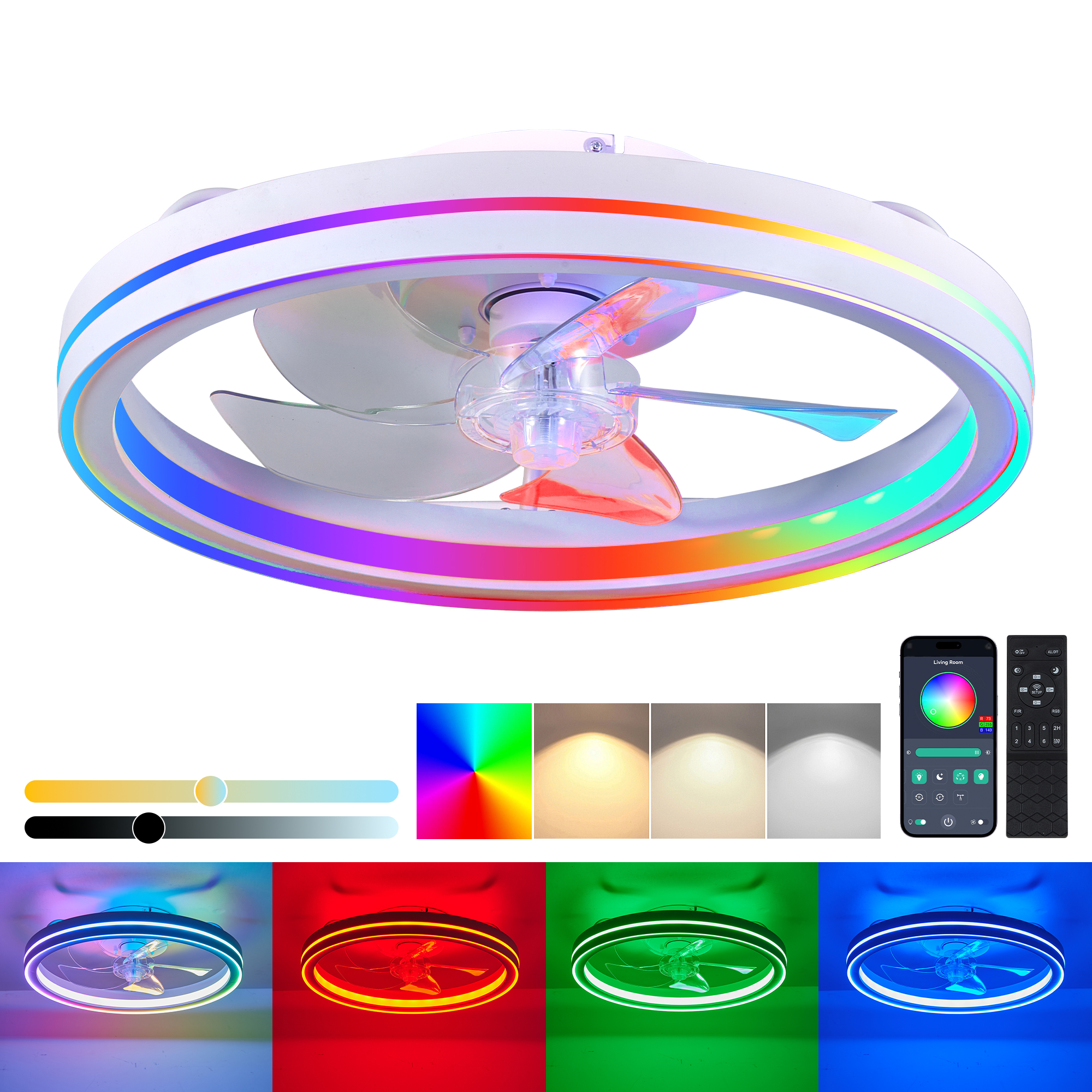 RGB Ceiling Fans with Lights, 19'' Smart LED Ceiling Fan with Remote/APP Control, Modern Low Profile Bladeless Chandelier Fan, Dimmable White Fandelier for Bedroom, Living Room, Kitchen