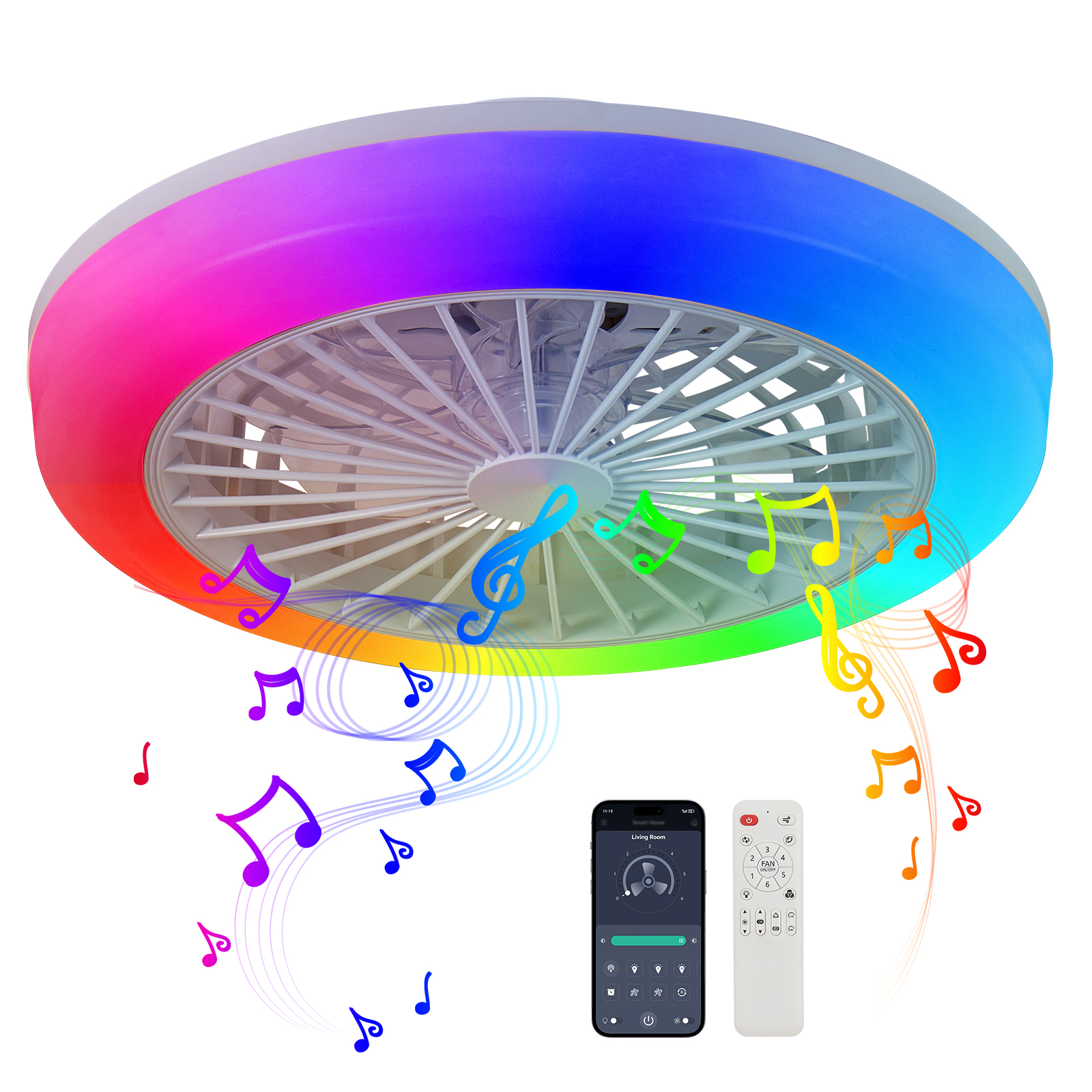 18 inch Ceiling Fan with RGB Light Remote, Smart LED Ceiling Fans with Remote/App Control, Modern Low Profile Dimmable Light Ceiling Fan for Bedroom Living Room White