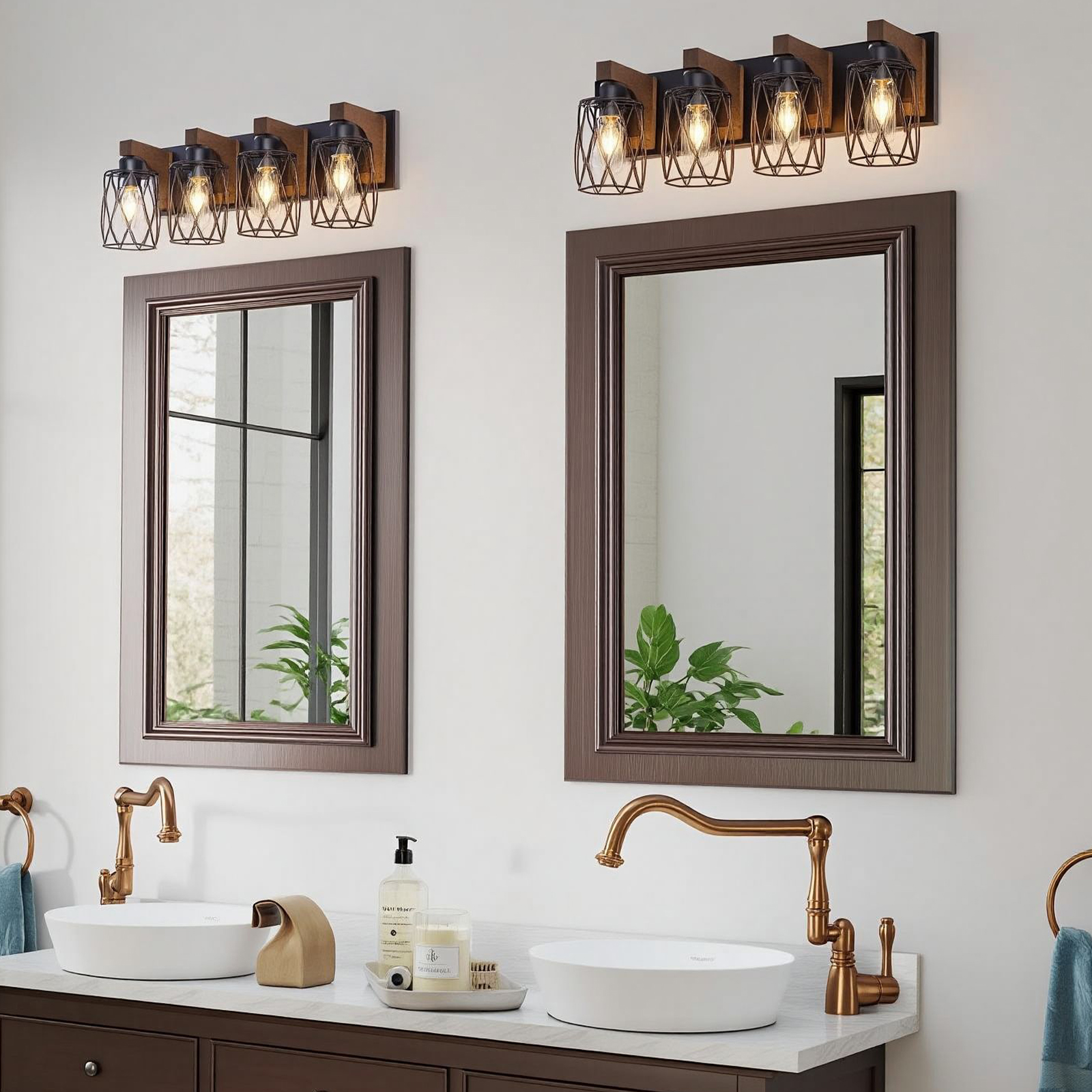 4-Light Farmhouse Bathroom Vanity Light, Rustic Wood & Black Metal Cage Wall Sconce Over Mirror