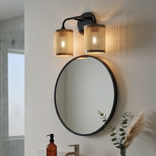 Quell Double Light Vanity With Natural Rattan Shade Wall Lamp