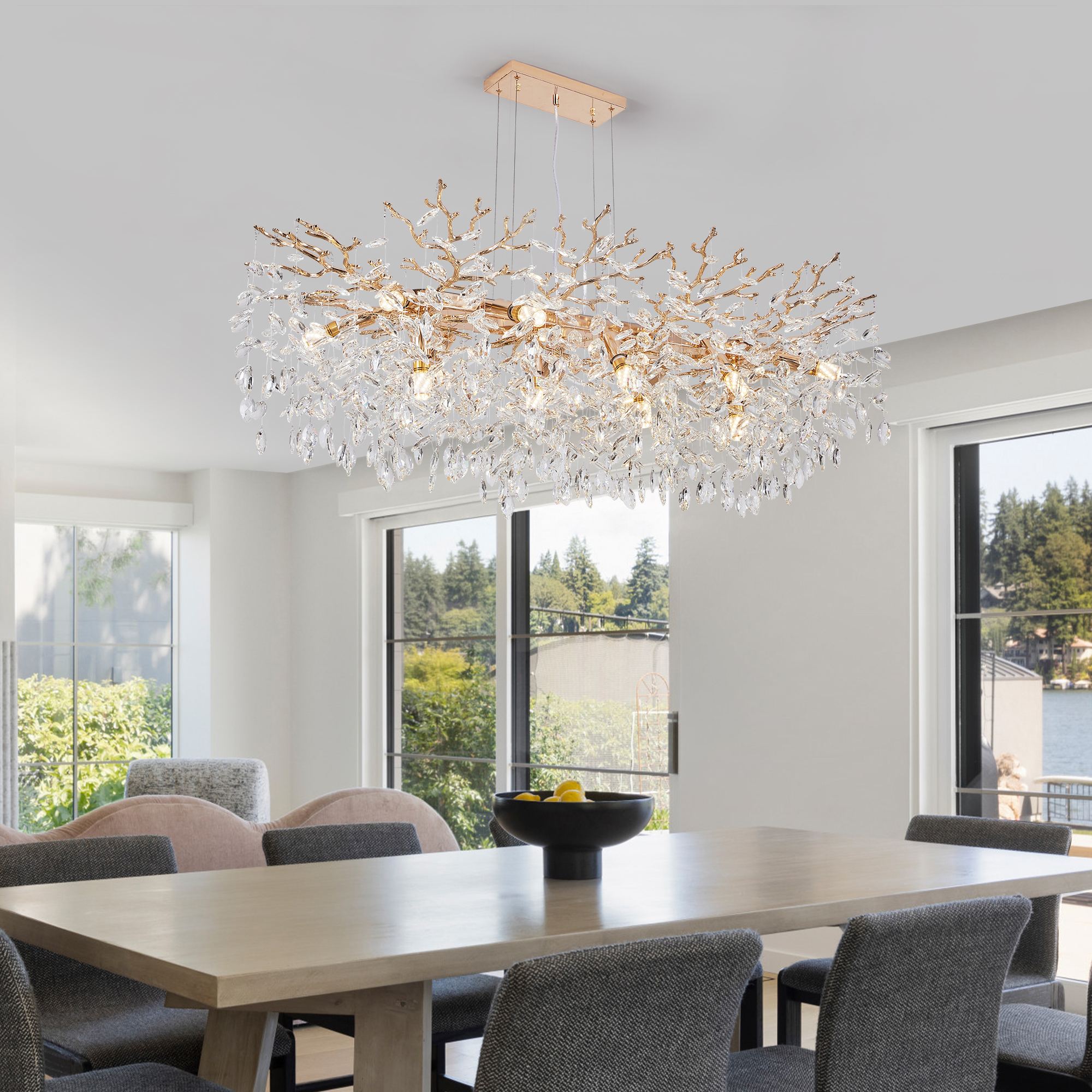 Modern Rectangular Chandelier, 49.2" Gold Crystal Tree Branch Chandelier 14 Lights Luxury Raindrop Light for Dining Room, Kitchen Island, Living Room
