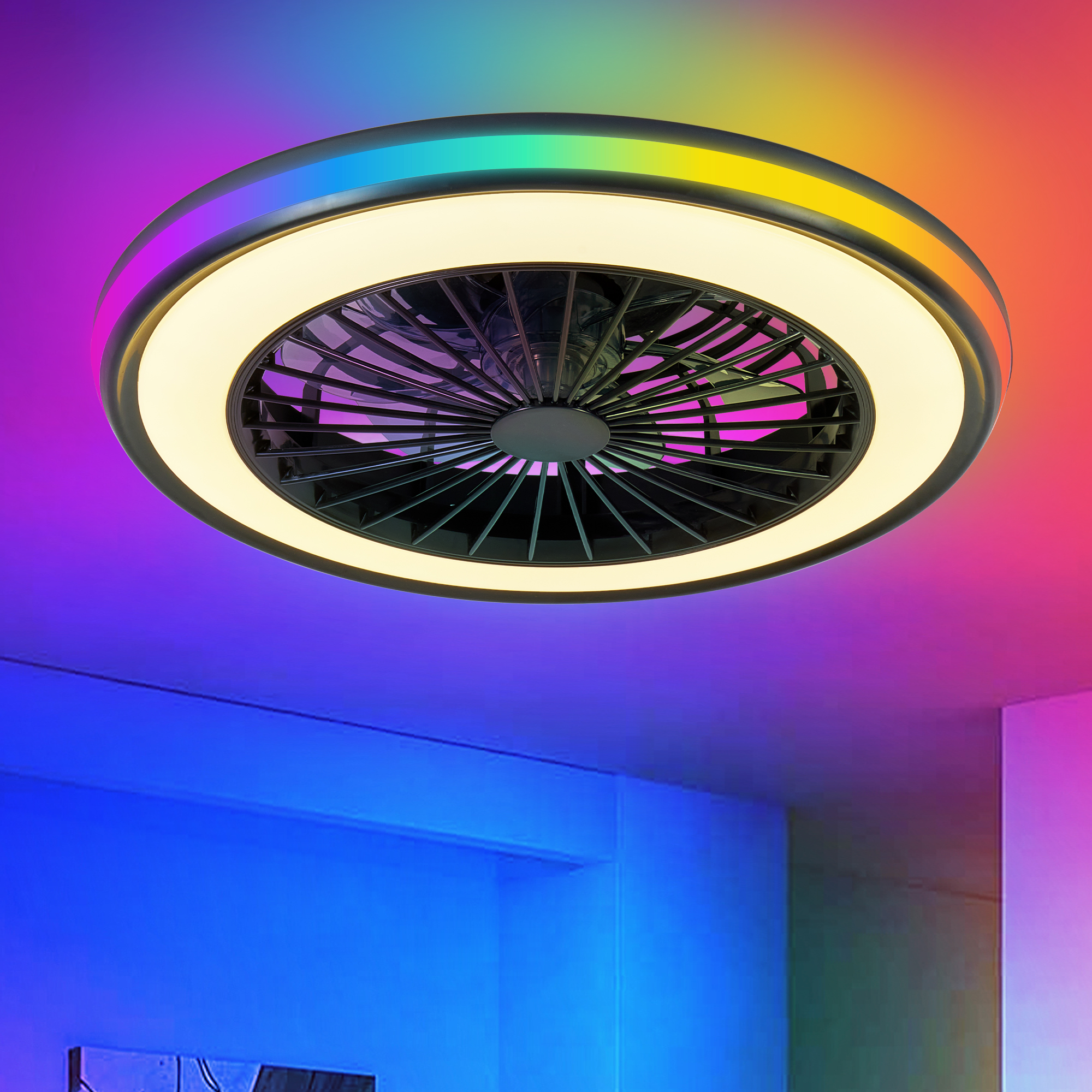 Modern LED Ceiling Light with Fan, RGB Ceiling Fan Lights, infinitely dimmable Light for Living Room, Bedroom, Office, 3000-4500-6000 K (Black & 20" & RGB)