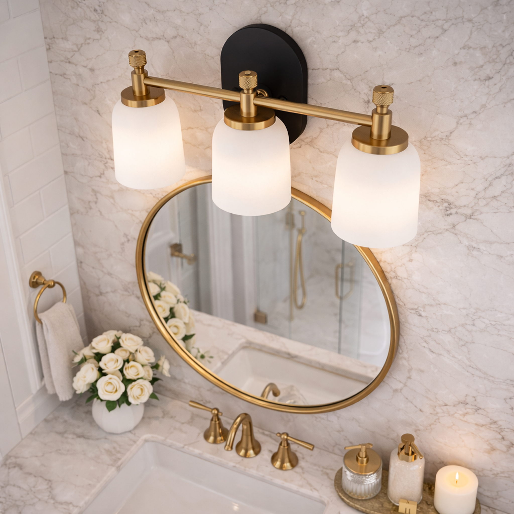 Meadows Three Lights Vanity Brushed Gold Bathroom Wall Light with White Frosted Glass 20.5"W × 10.125"H × 5.5"E