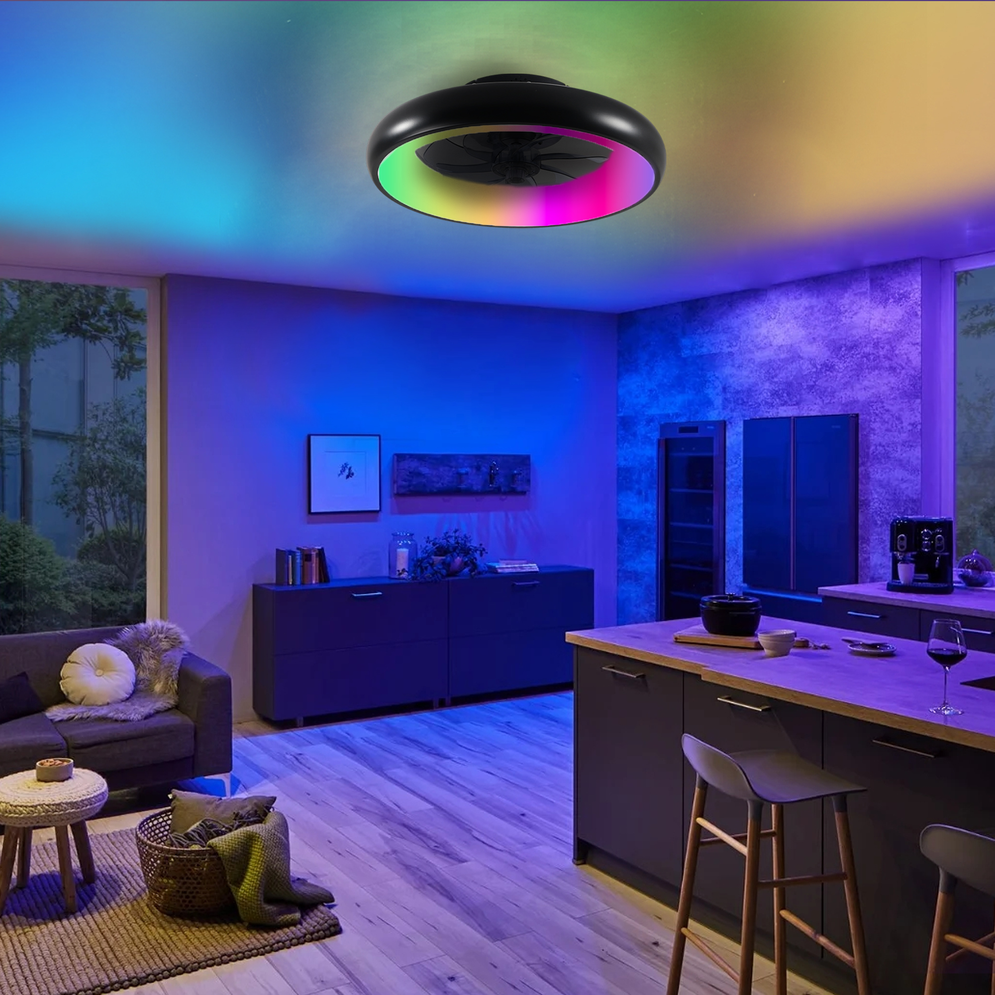 19" Pumpkin Lamp Indoor Fan Light, with Remote Control, Dimmable, 7 Blades, Reversible DC Motor, with LED Light, Black