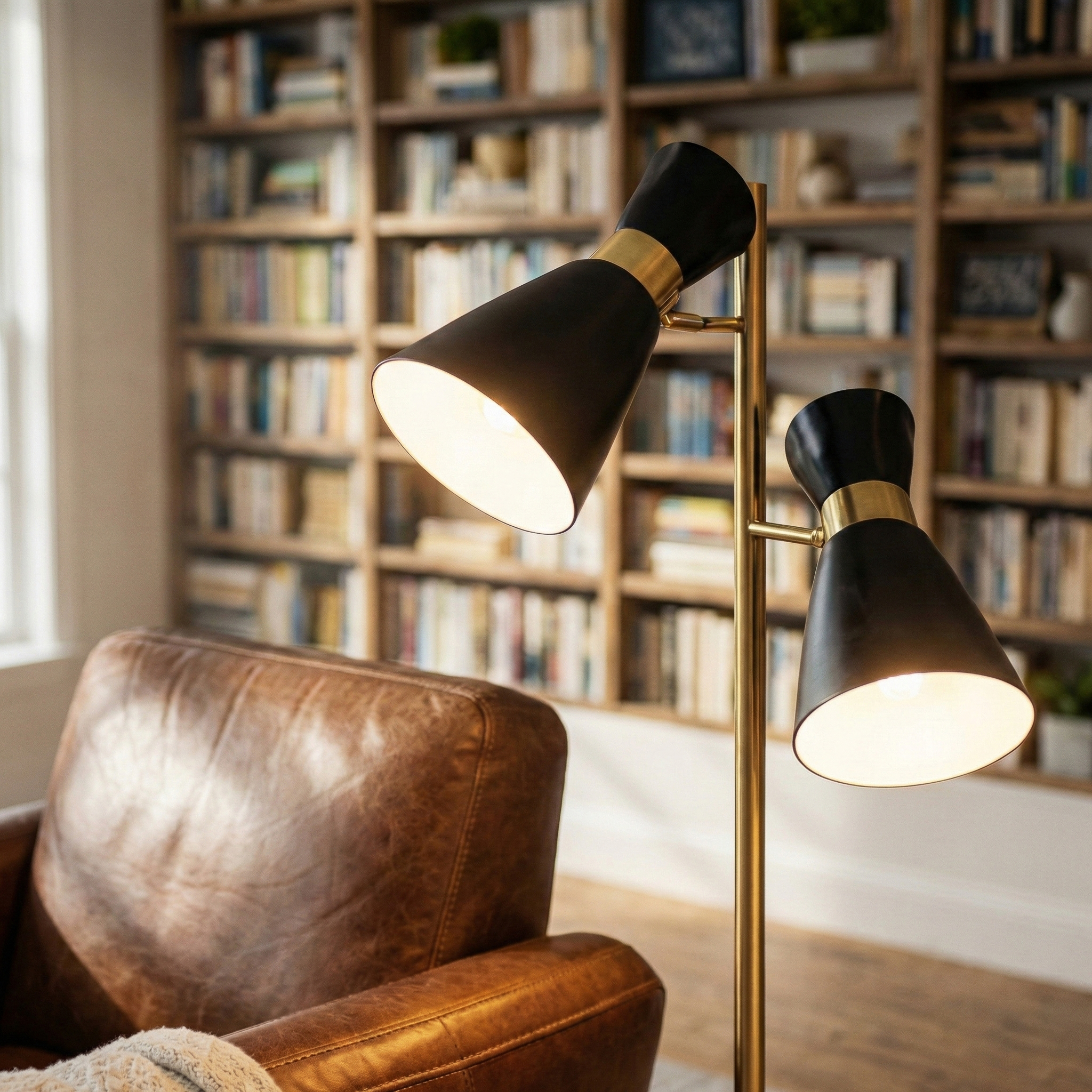 Axis Brassed Gold Floor Lamp with 4-Way Switch Double Spots with Metal Base