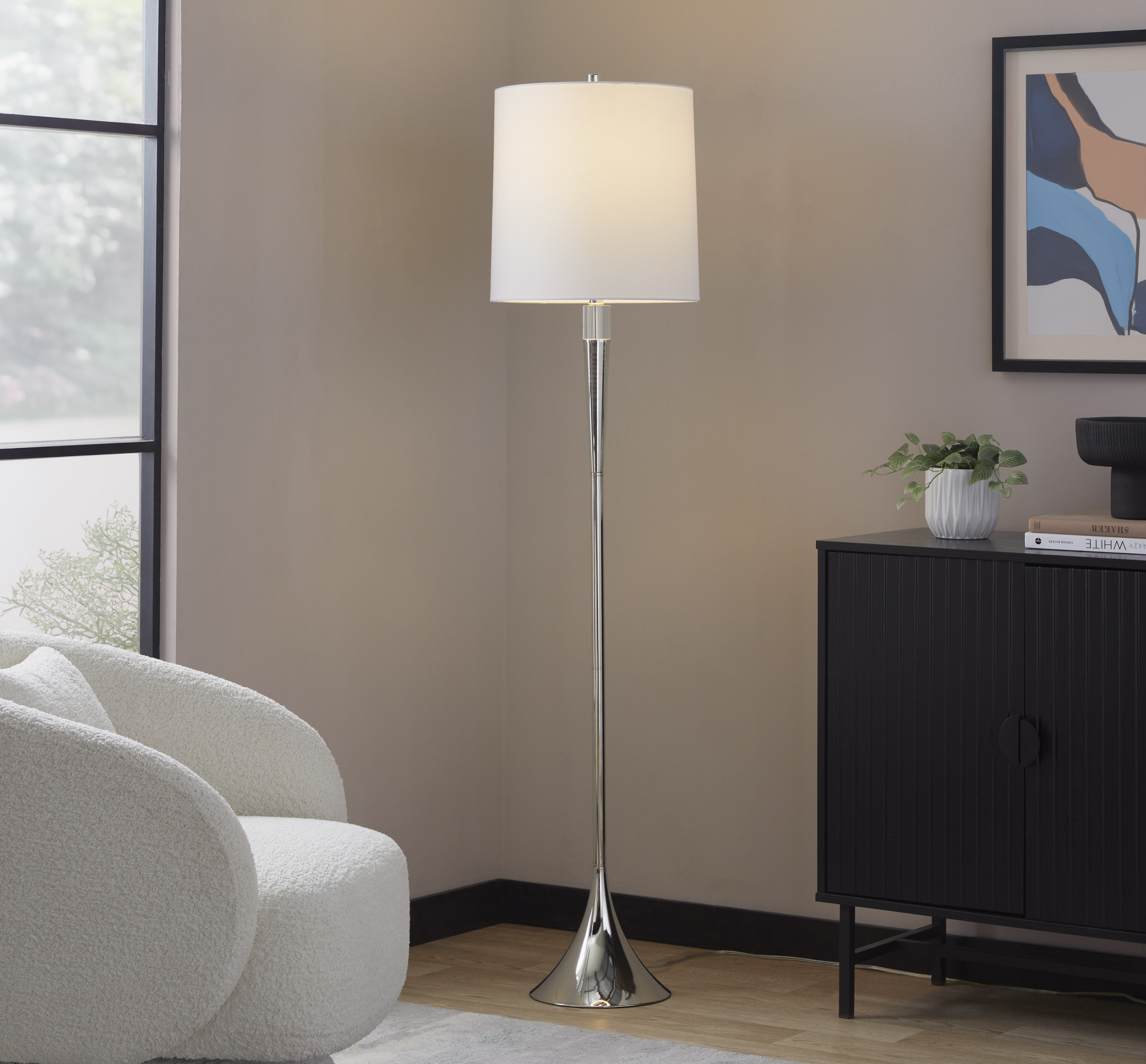 Metal Floor Lamp in Polished Nickel and Clear K9 Crystal with White Linen Shade - Set of 2