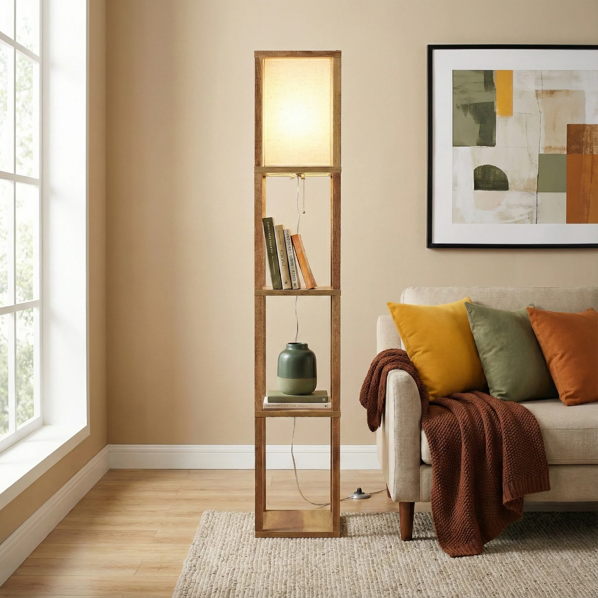 Pinnacle Shelf Floor Lamp For Bedroom/Living Room, Natural Wood with Long Shade