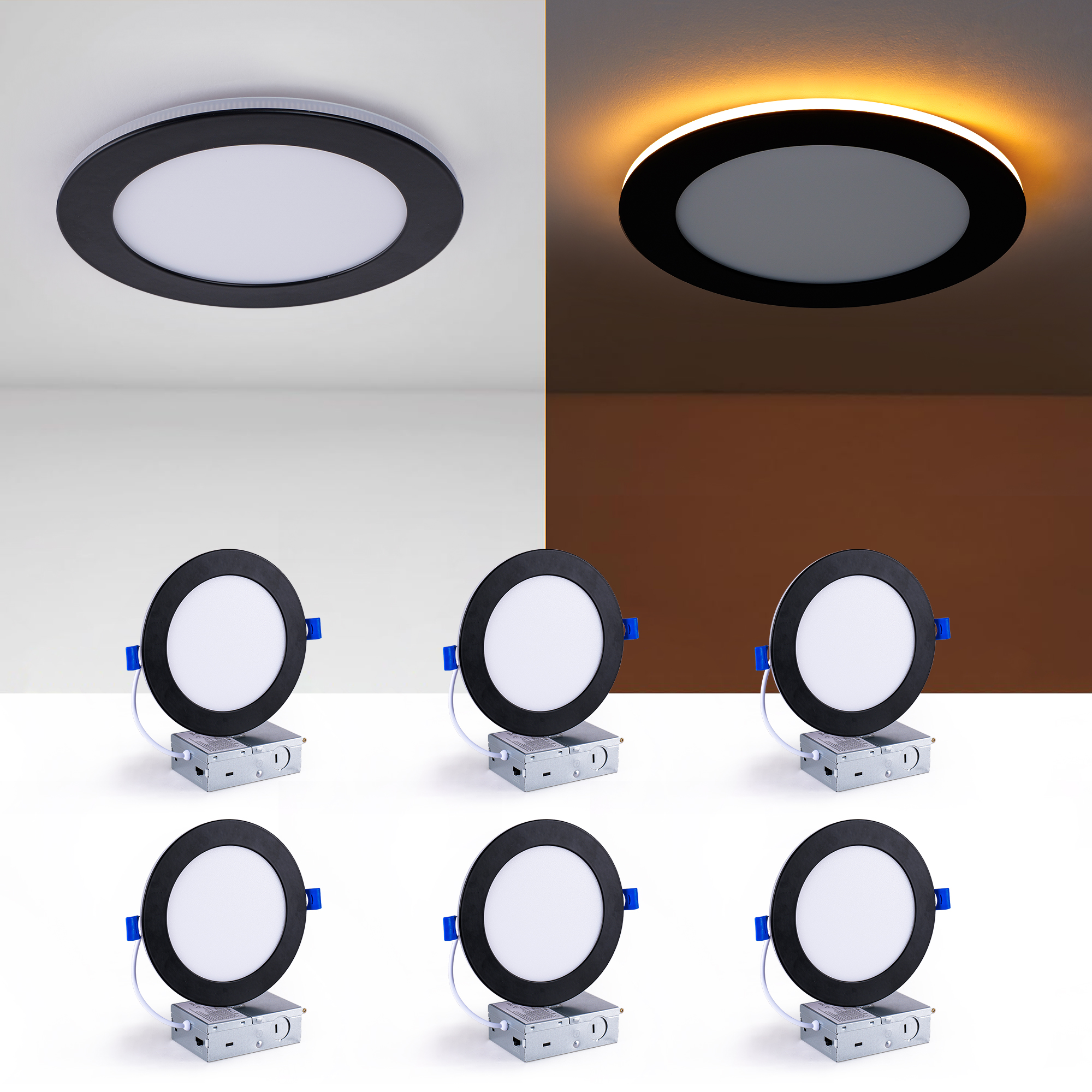 6 Pack 6 Inch Black LED Recessed Light, Dimmable, 2700K-5000K 5CCT, 1200LM High Brightness, 12W 120V ,Suitable for bedroom,living room,study room