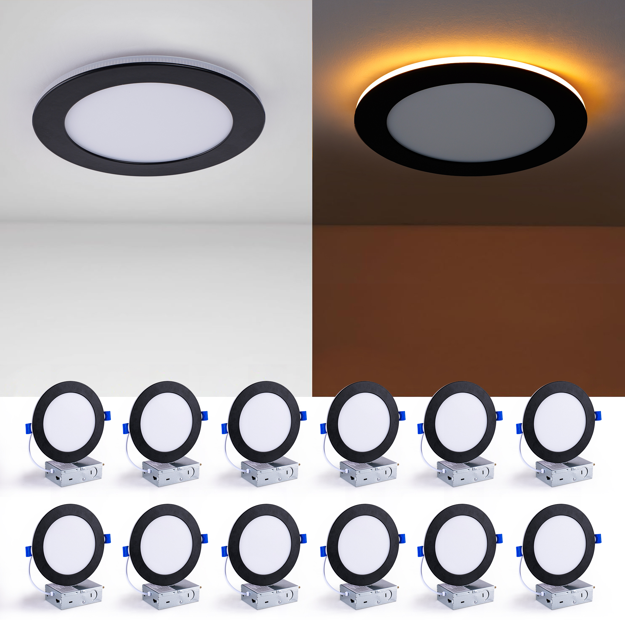 12 Pack 6 Inch LED Recessed Ceiling Light Black, Dimmable, 2700K-5000K 5CCT, 1200LM 12W 120V, High Brightness Canless Wafer Downlight