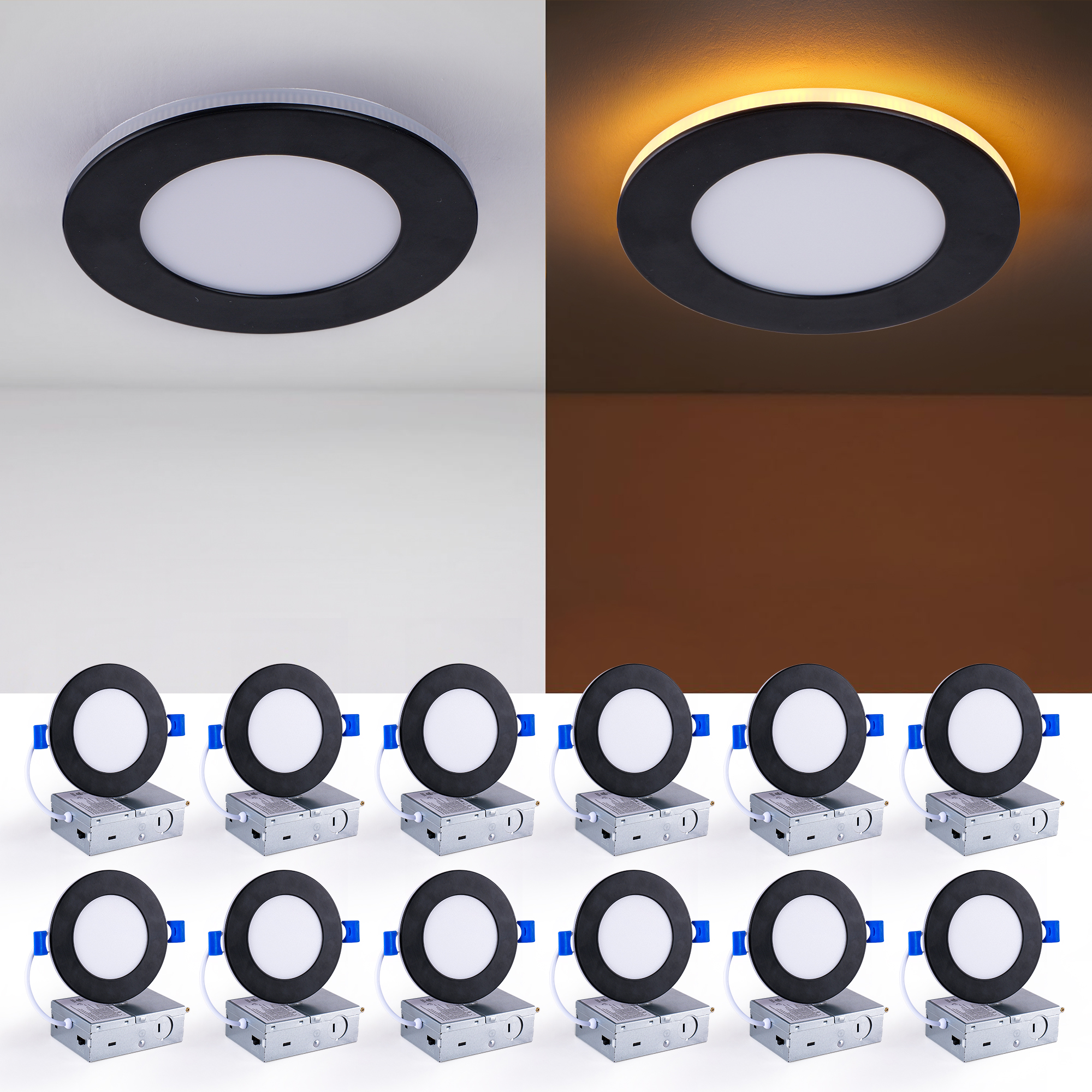 4 Inch 12 Pack Black Recessed Lights - with Night Light, 9W 800LM Dimmable Wafer Downlight Soffit, 2700K-5000K 5CCT Canless Recessed Light with Junction Box