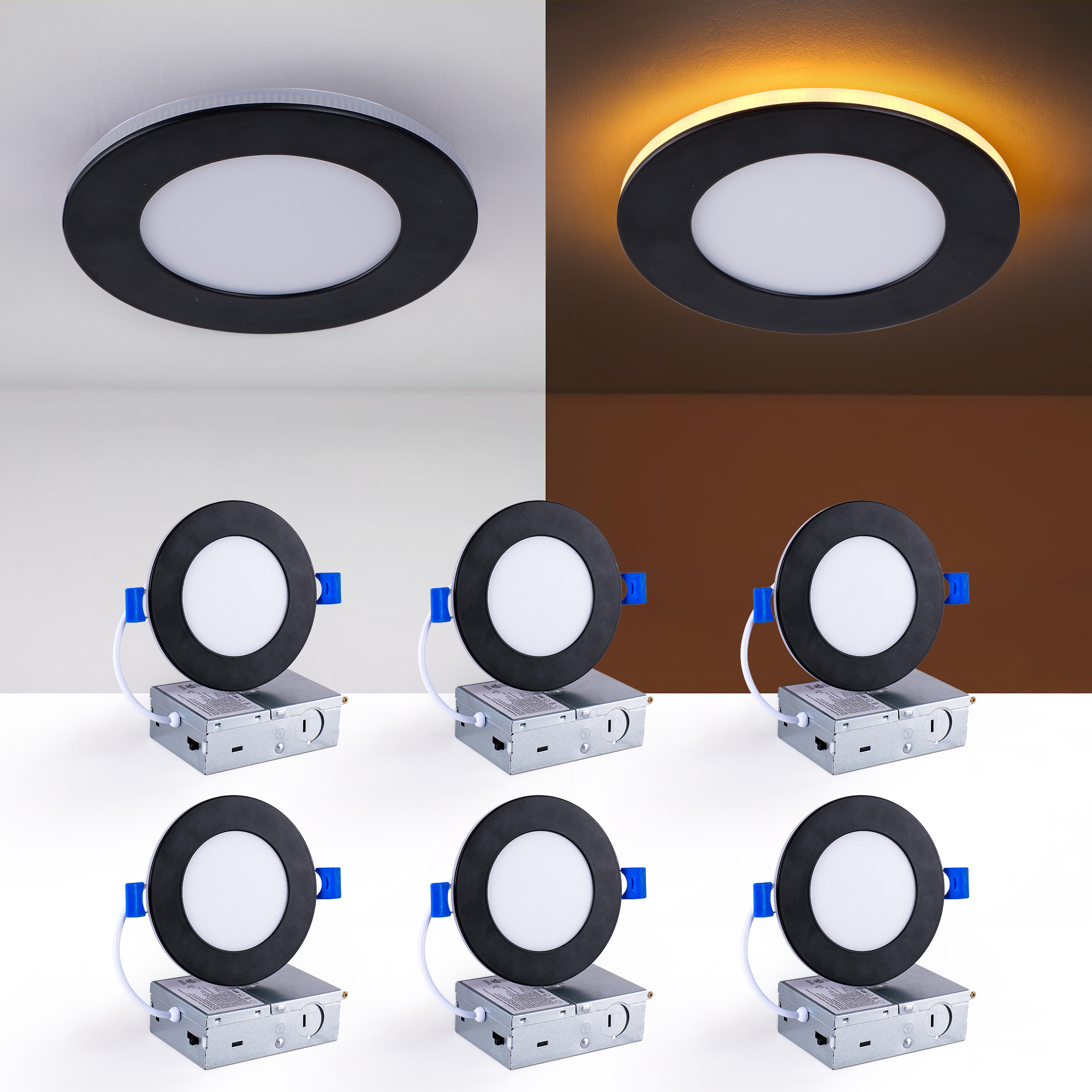 6 Pack 4 Inch Black LED Recessed Light, Dimmable, 2700K-5000K 5CCT, 800LM High Brightness, 9W 120V, Ultra-Thin Canless Wafer Light