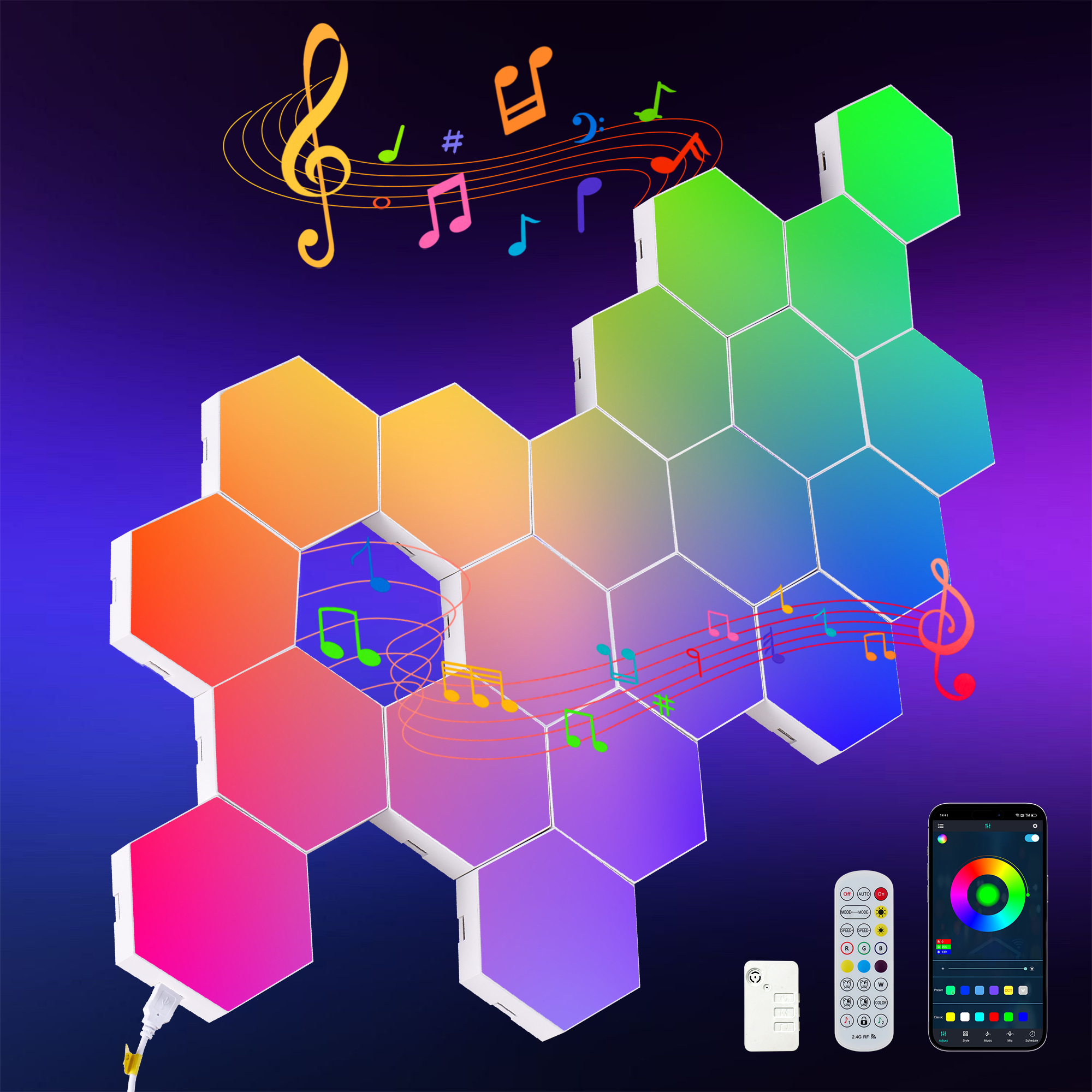 Hexagonal LED lights-20 sets of intelligent APP RGB game lights, with remote control and music synchronization. Honeycomb shaped hexagonal lights, suitable for bedroom, living room walls