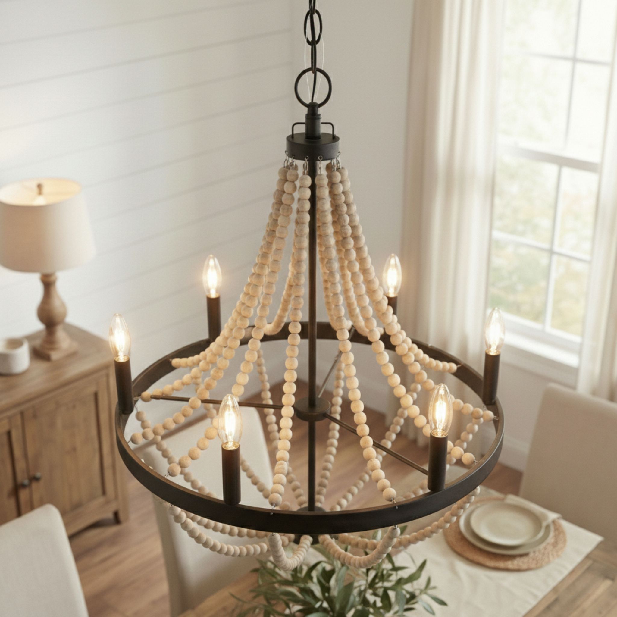 Starry Wood Chandelier Farmhouse Six Candle Light Wood Beaded Black Pendant Light for Dining Room