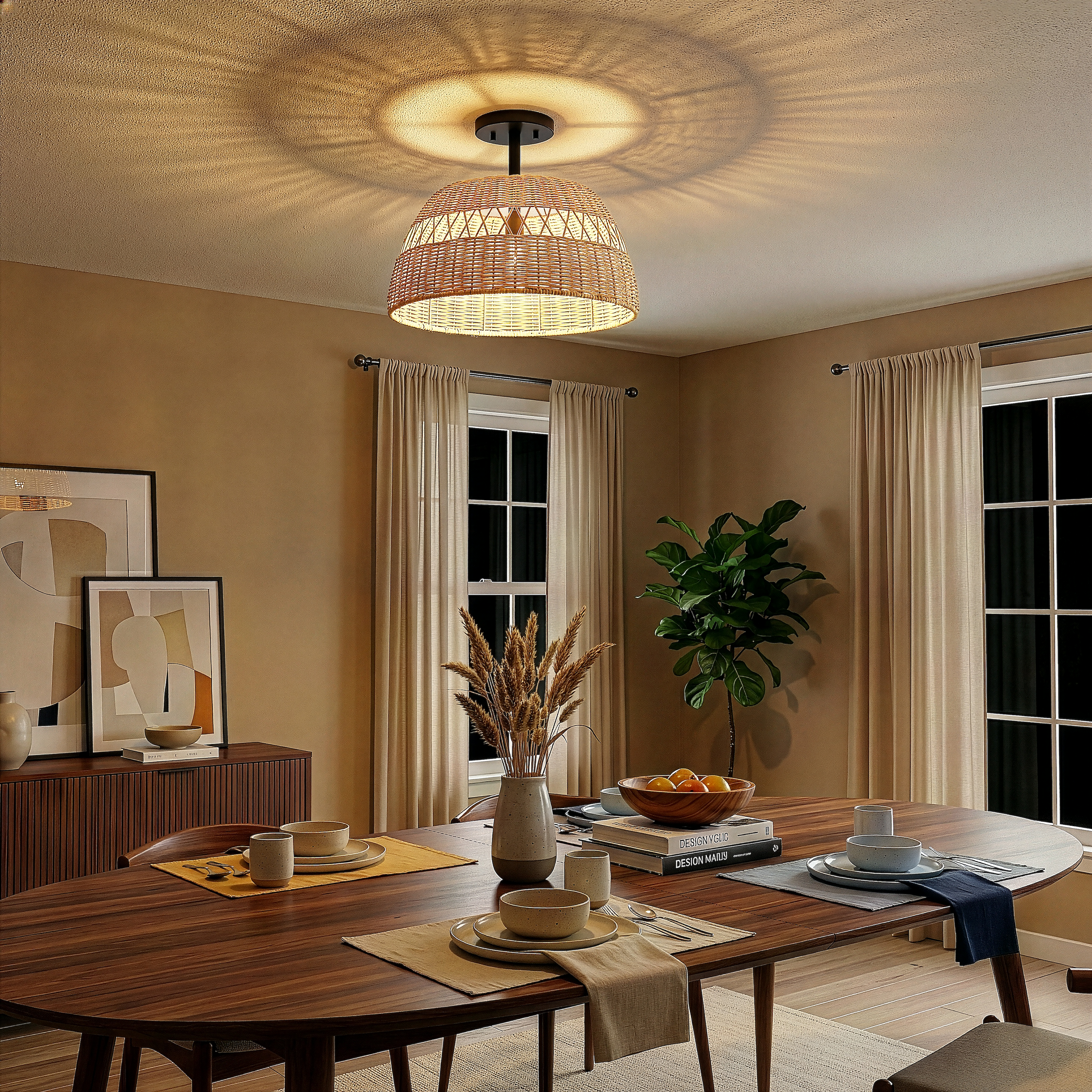 Twinkle Double Lights Semi Flush with Rattan Shade Black Metal Finish for Farmhouse Style Decor 12.6"H x 15"W x 15"D