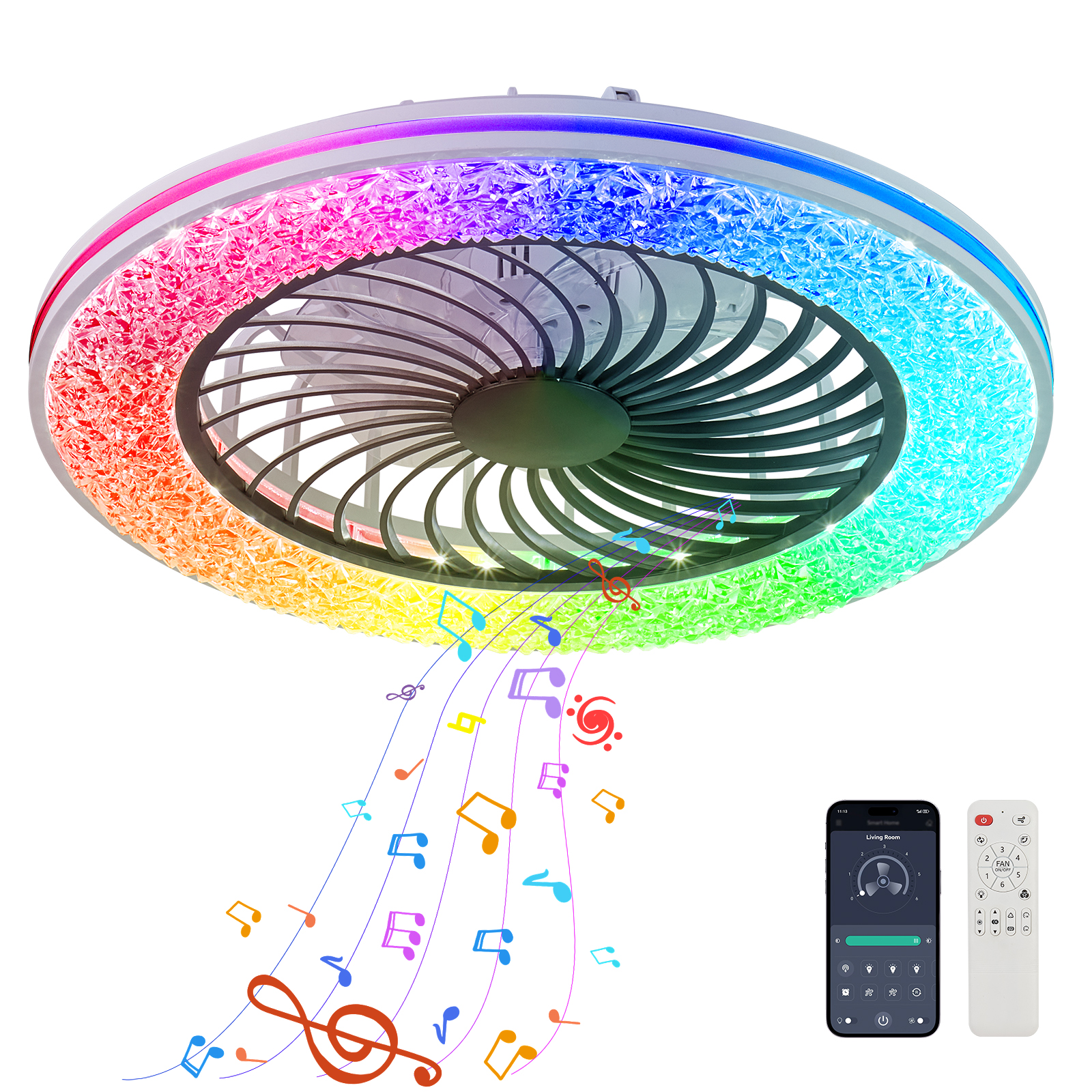 23 Inch Led Enclosed Ceiling Fans with Lights, RGB Bladeless Modern Ceiling Fan Low Profile for Living Room (23 Inch)