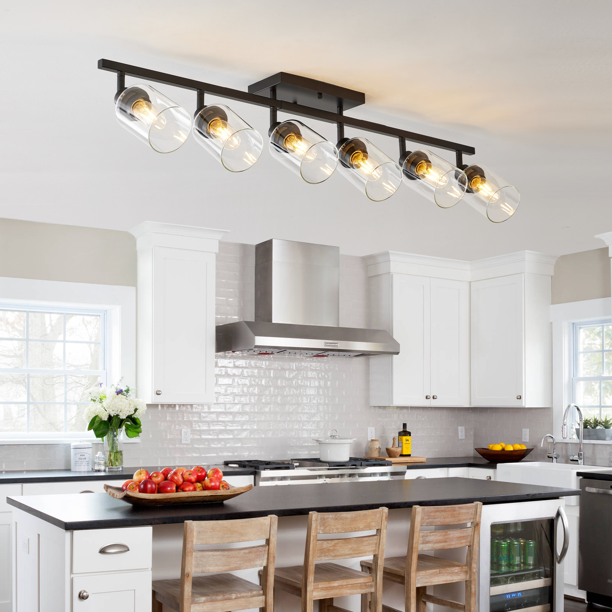 6-Light Track Lighting Kit Black Track Lighting Fixtures Bathroom Wall Sconces Ceiling Mount Kitchen Tracking Lights, Rotatable Spotlight with Clear Glass Shade for Kitchen Shop Hallway