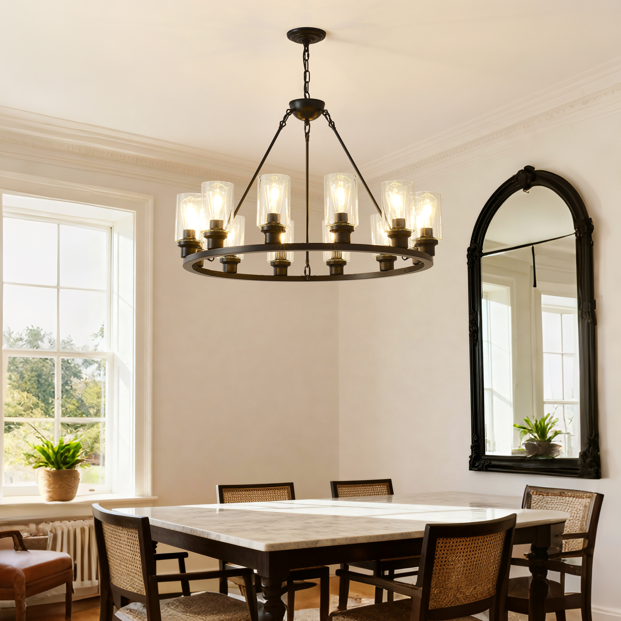 Black Wagon Wheel Chandelier 31.5 Inch Modern Farmhouse Glass Pendant Light 12-Light Ceiling Hanging Lighting Fixtures for Living Room Dining Room Kitchen Island Foyer--NO INCLUDED BULBS