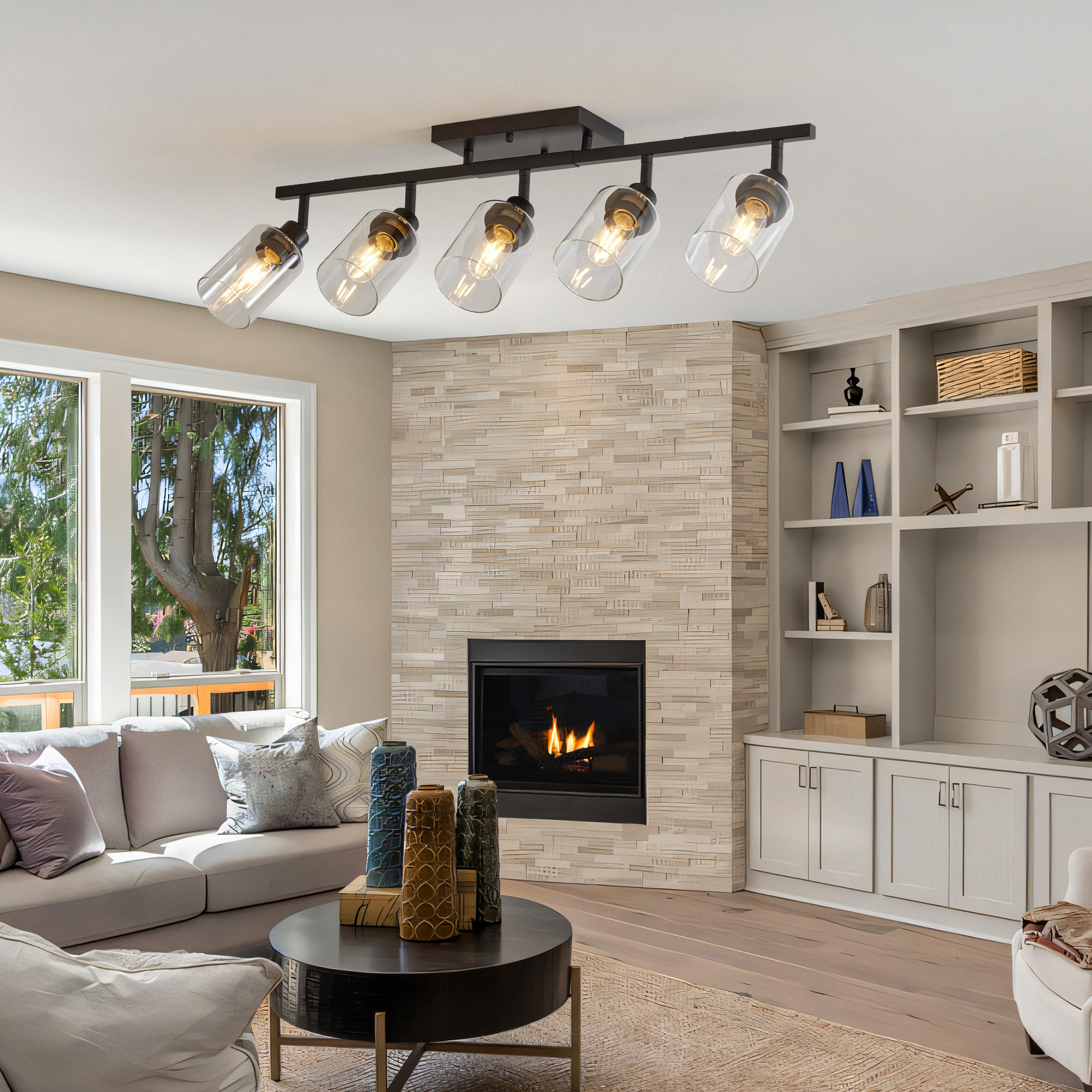 5-Light Track Lighting Kit Black Track Lighting Fixtures Bathroom Wall Sconces Ceiling Mount Kitchen Tracking Lights, Rotatable Spotlight with Clear Glass Shade for Kitchen Shop Hallway