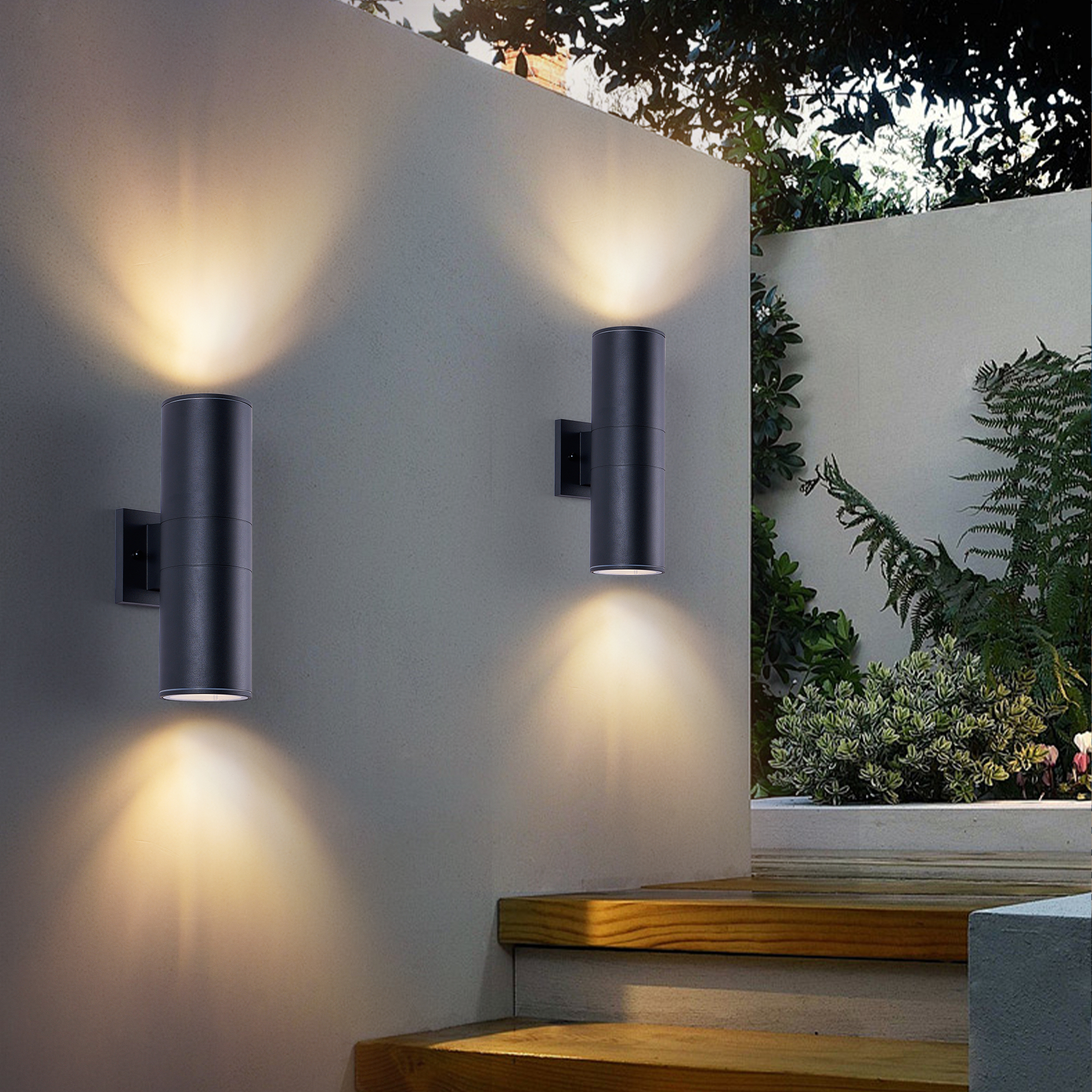 14" Modern Outdoor Porch Light Patio Light in 2 Lights with Aluminum Cylinder and Tempered Glass Cover Waterproof Wall Sconce 2 Pack (Matte Black)(bulbs NOT included)