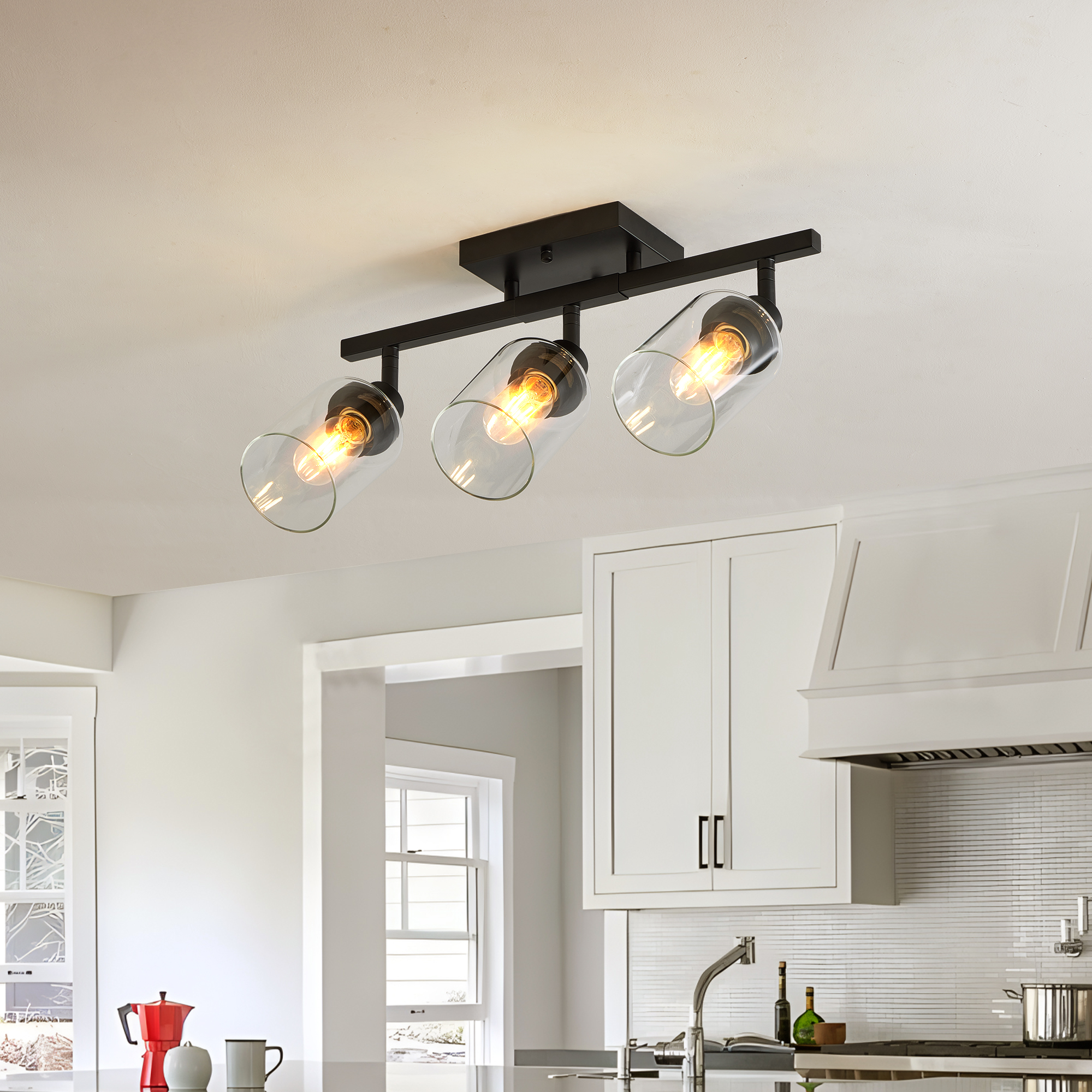 3-Lights Semi Flush Mount Ceiling Light, Adjustable Kitchen Light Fixtures Ceiling Mount with Clear Glass Shades, Rotatable Black Track Lighting Fixtures for Hallway, Foyer, Bedroom(Bulb Not Included)