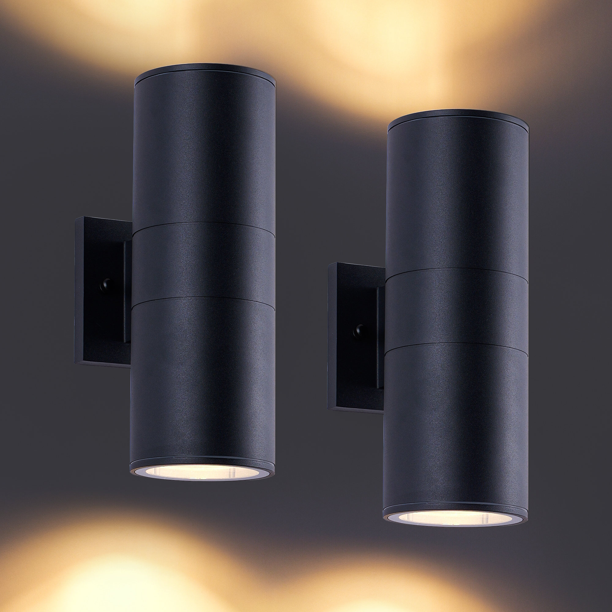 12 Inch Modern Outdoor Porch Light Patio Light in 2 Lights with Aluminum Cylinder and Tempered Glass Cover Waterproof Wall Sconce 2 Pack (Matte Black)