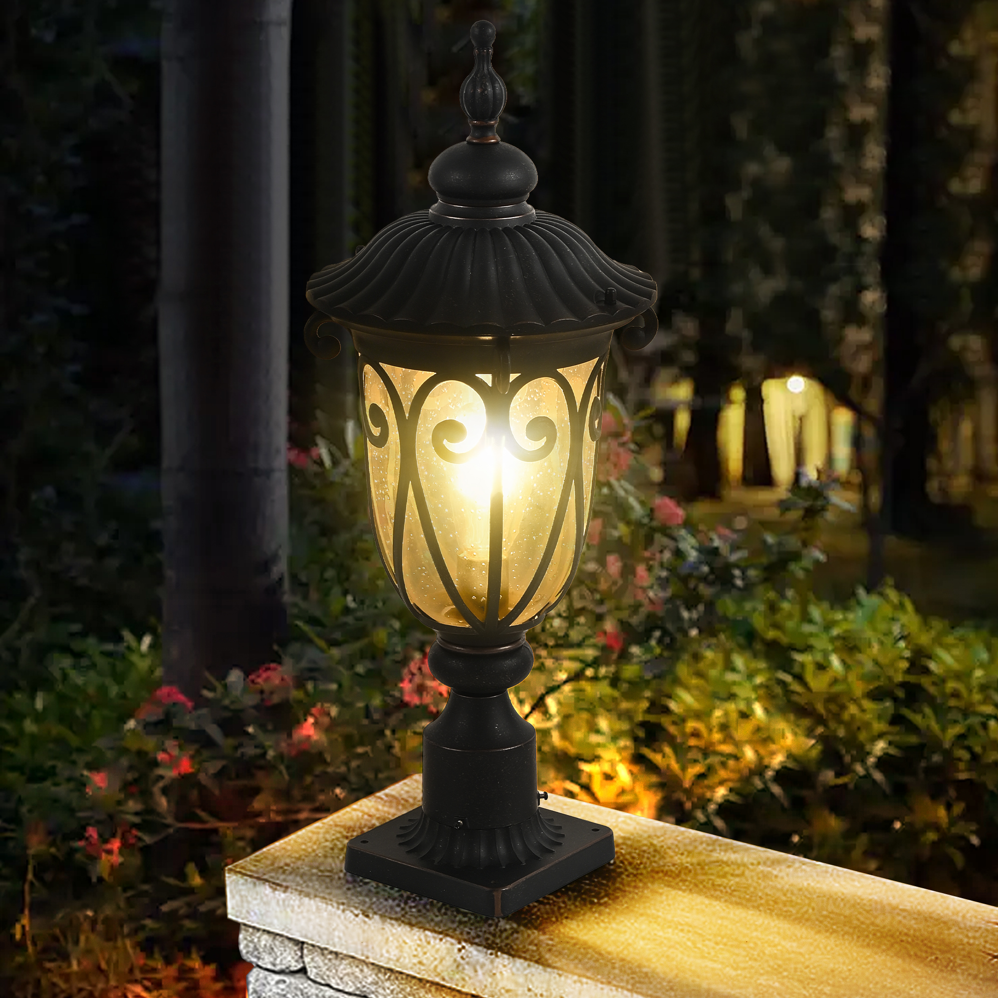 24"(H) 1-pack Vintage Black Outdoor Post Lantern - Waterproof Aluminum Lamp Post Light with Bubble Glass, Decorative Garden Pathway Lighting for Yard, Patio, or Driveway (Bulb Not Included)