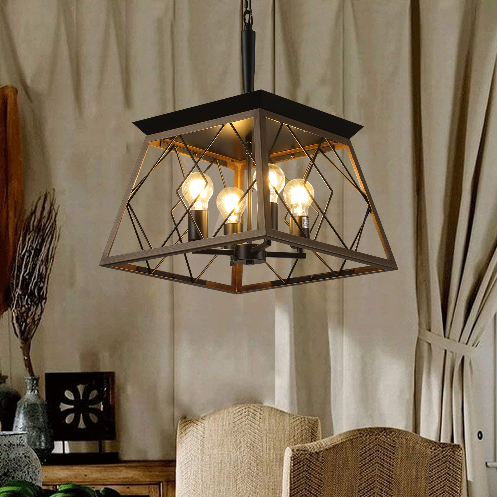 16" Walnut Industrial 4-Light Pendant Chandelier, Modern Metal Cage Design, Adjustable Hanging Light for Dining Room, Kitchen, Living Room (No Bulbs)
