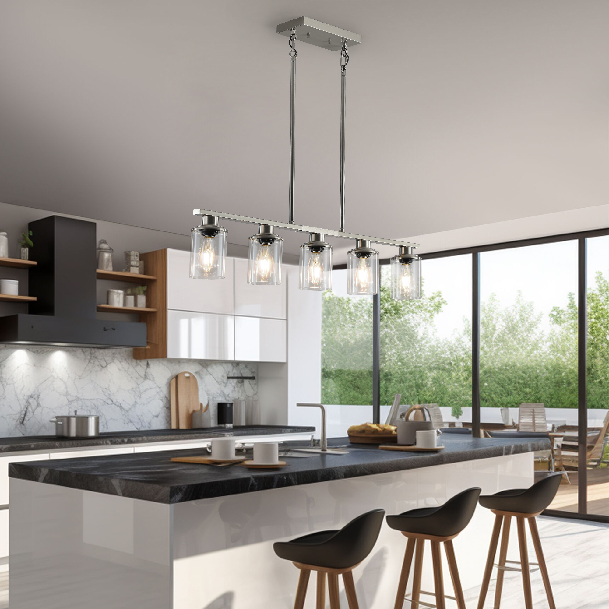 37" Brushed Nickel 5-Light Chandelier - Contemporary Kitchen Island Pendant Light with Clear Glass Shades for Dining Room, Farmhouse, or Modern Decor (No Bulbs)