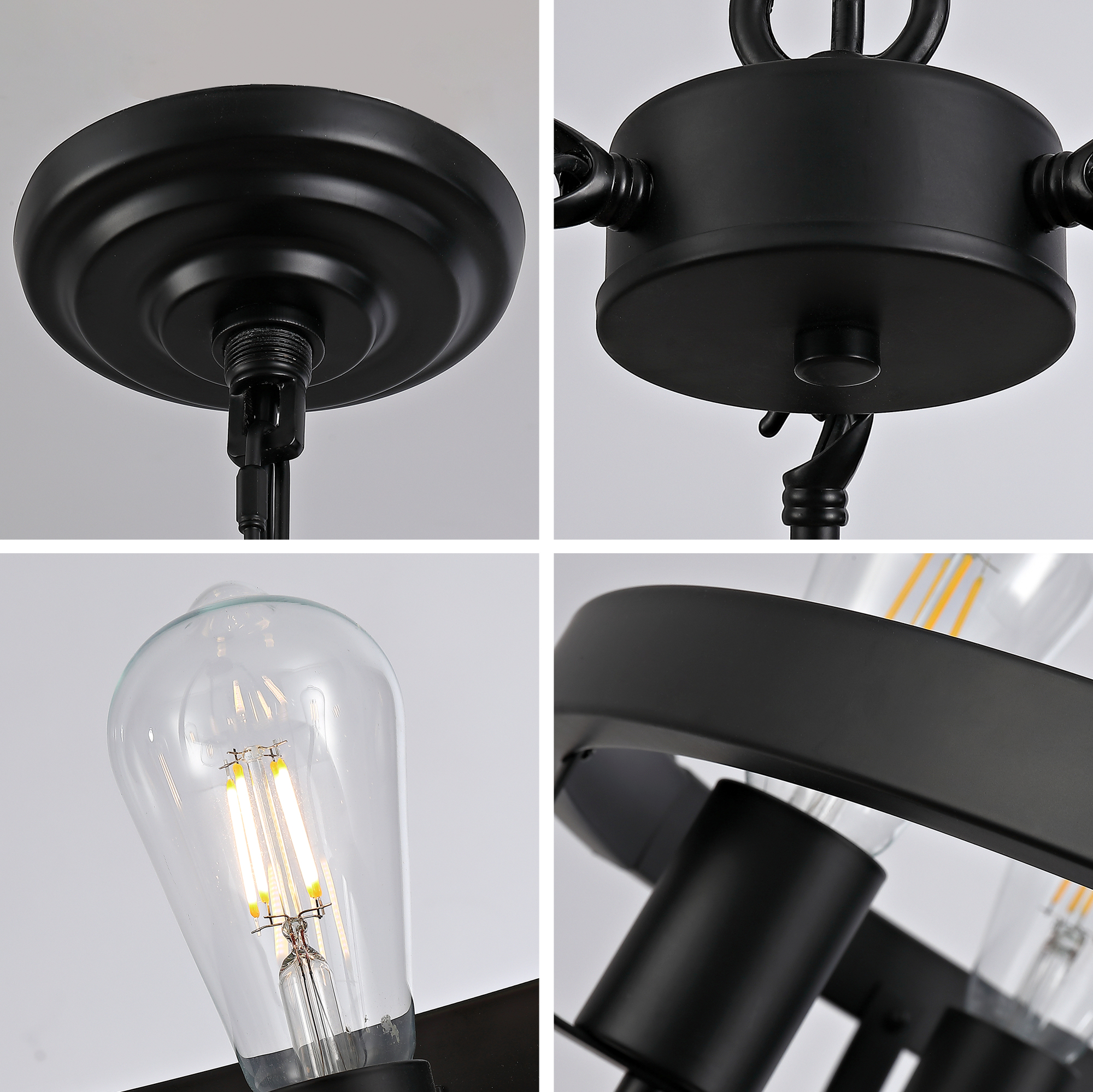 Four-light plug-in pendant lamp, carriage wheel design, black circular metal pendant with 39.5-foot chain, modern industrial-style outdoor lighting suitable for gazebos, bedrooms, and dining rooms.