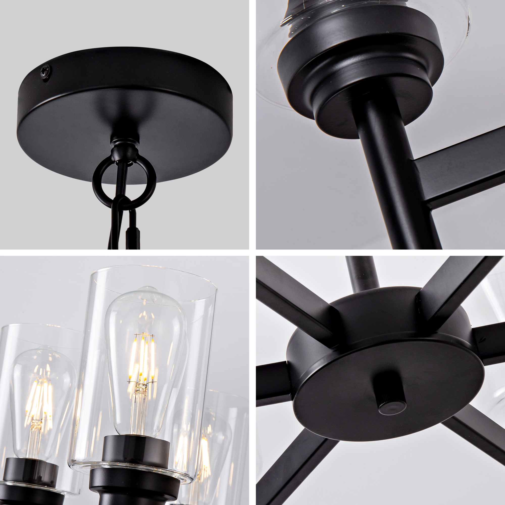 Farmhouse 6-Light Glass Chandelier, Modern Black Light Fixture for Kitchen Dining Room Over Table, Industrial Lighting for Living Room, Foyer, Entryway, E26 Bulb Base