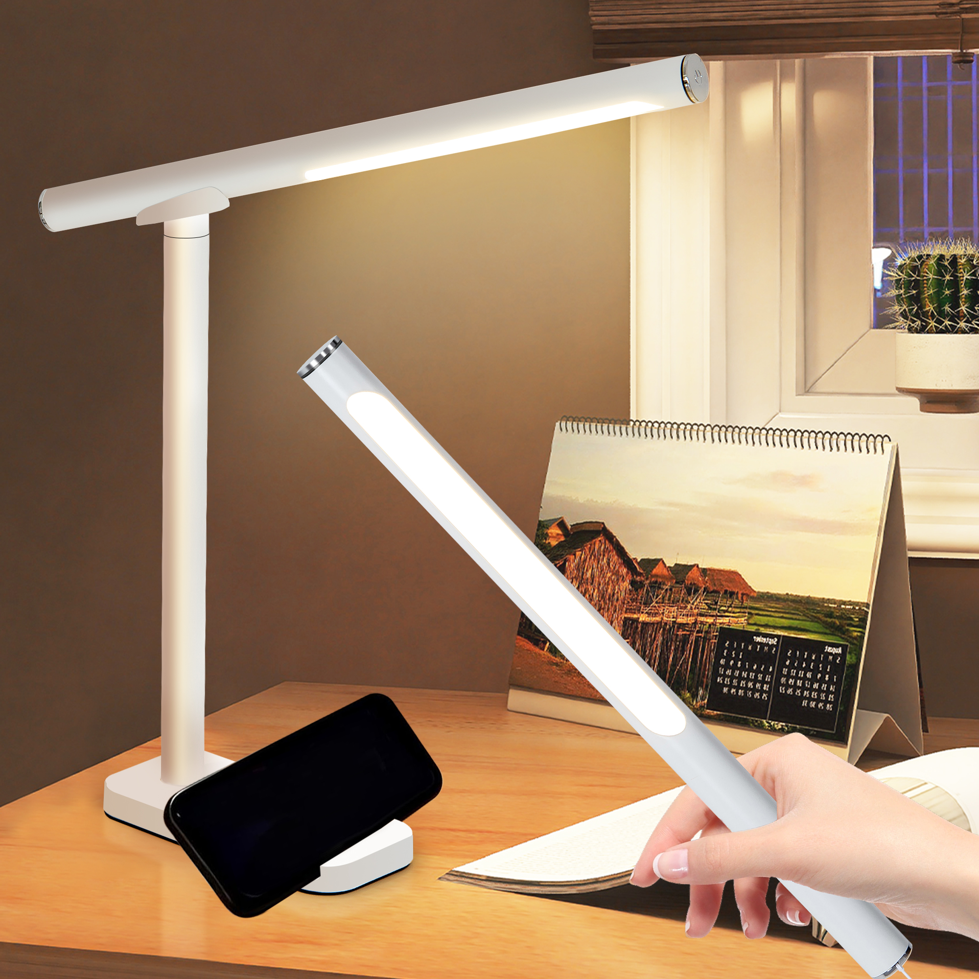 LED Desk Lamp 360°Adjustable, USB Charging Port, 5 Light Modes & Dimmable Brightness, Bedside Lamp for Reading, Craft, Work, Study(White)
