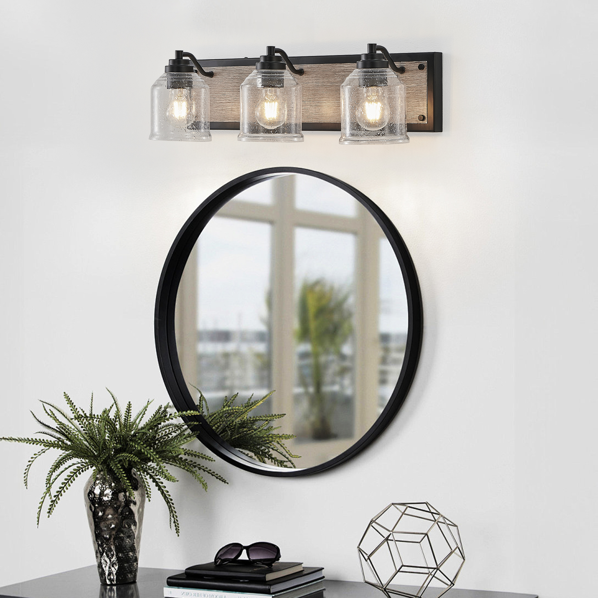 23" Farmhouse Vanity Light Fixture, 3-Light Bathroom Wall Sconce with Clear Seeded Glass Shades, Black and Wood Grain Finish, Modern Industrial Design for Bathroom or Powder Room (No Bulbs)