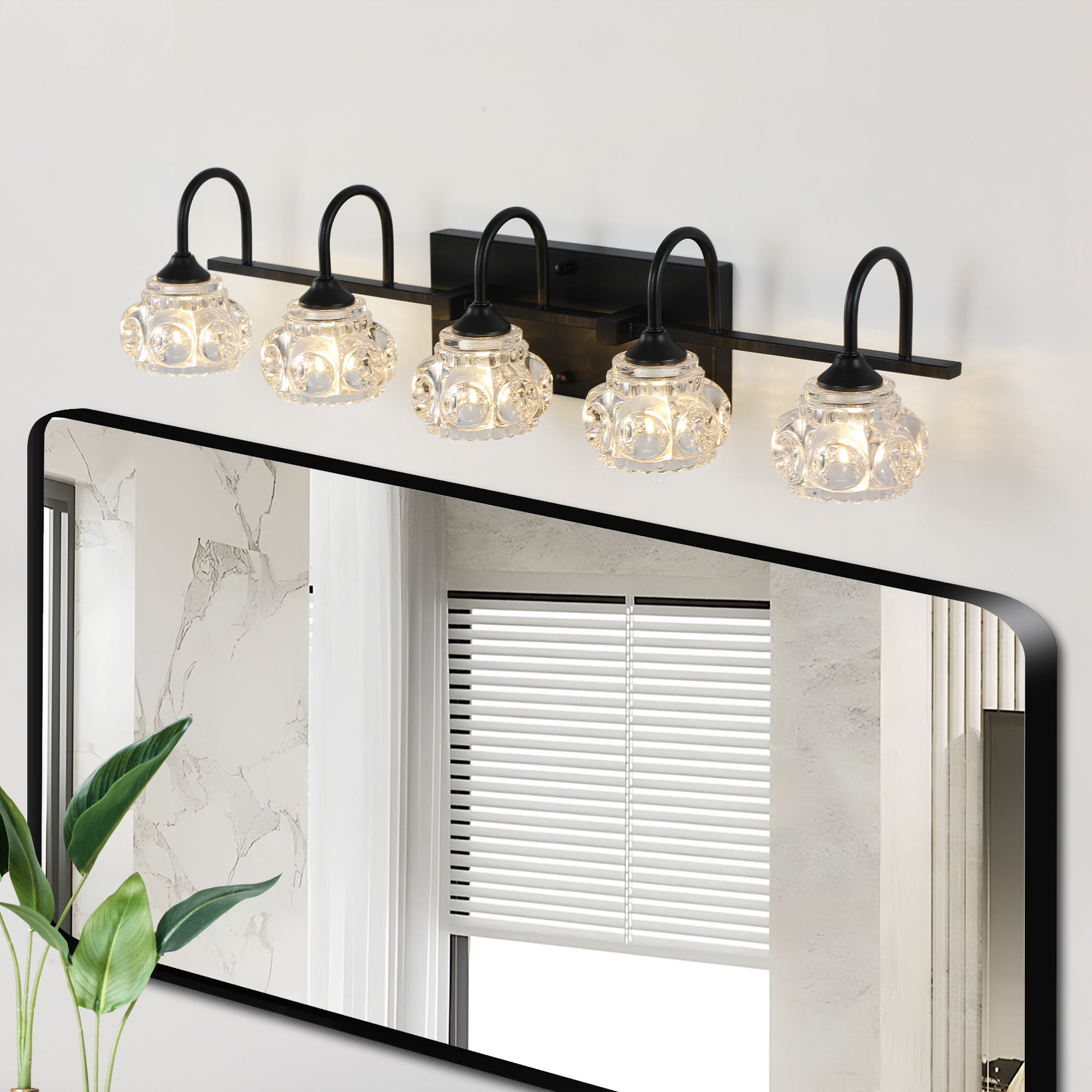 29" Retro 5-Light Bathroom Vanity Light Fixture - Black Finish with Crystal Glass Shades, Wall Mounted Lighting for Bathroom, Powder Room, and Vanity Mirror (No Bulbs)