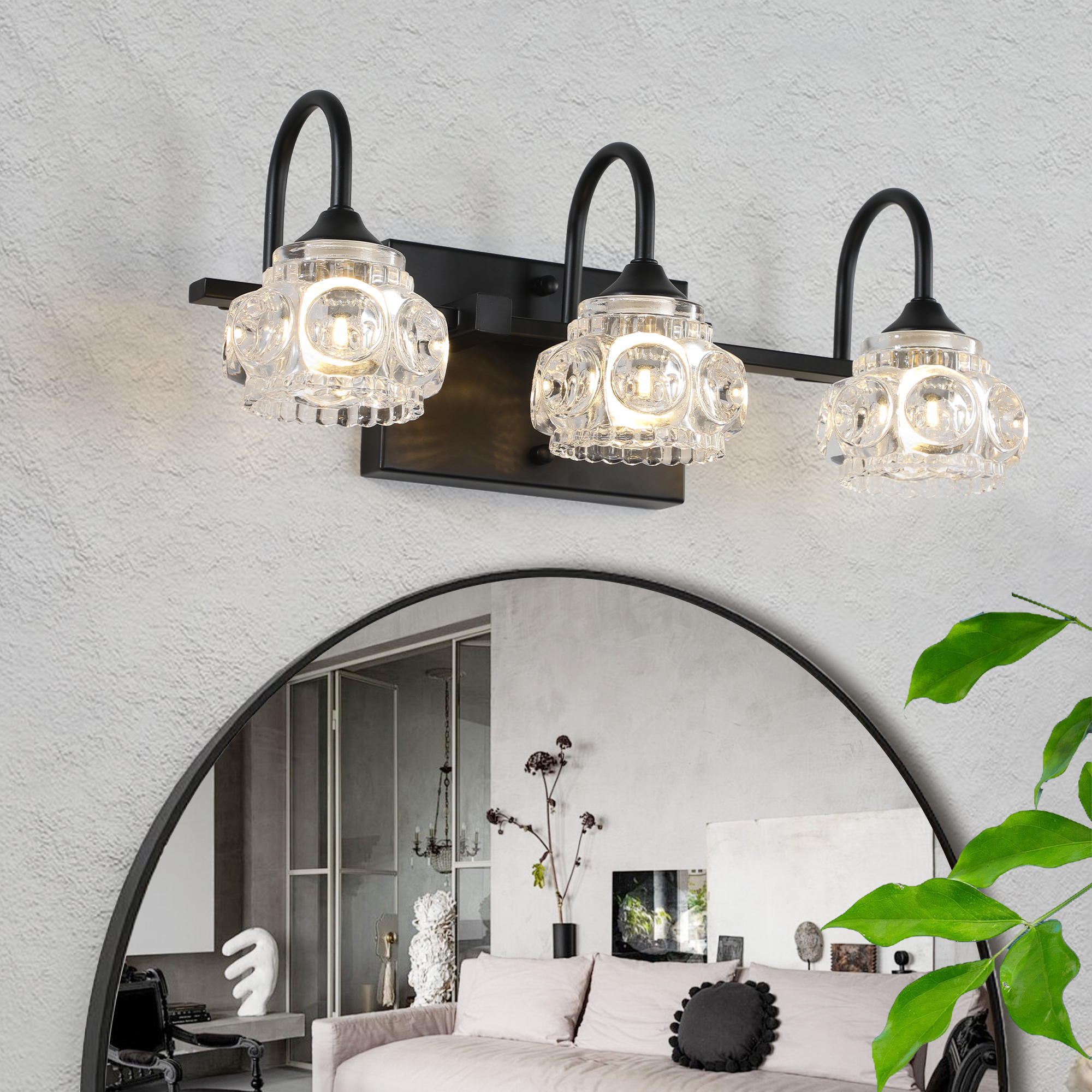 17" Retro 3-Light Bathroom Vanity Light Fixture - Black Finish with Crystal Glass Shades, Wall Mounted Lighting for Bathroom, Powder Room, and Vanity Mirror (No Bulbs)