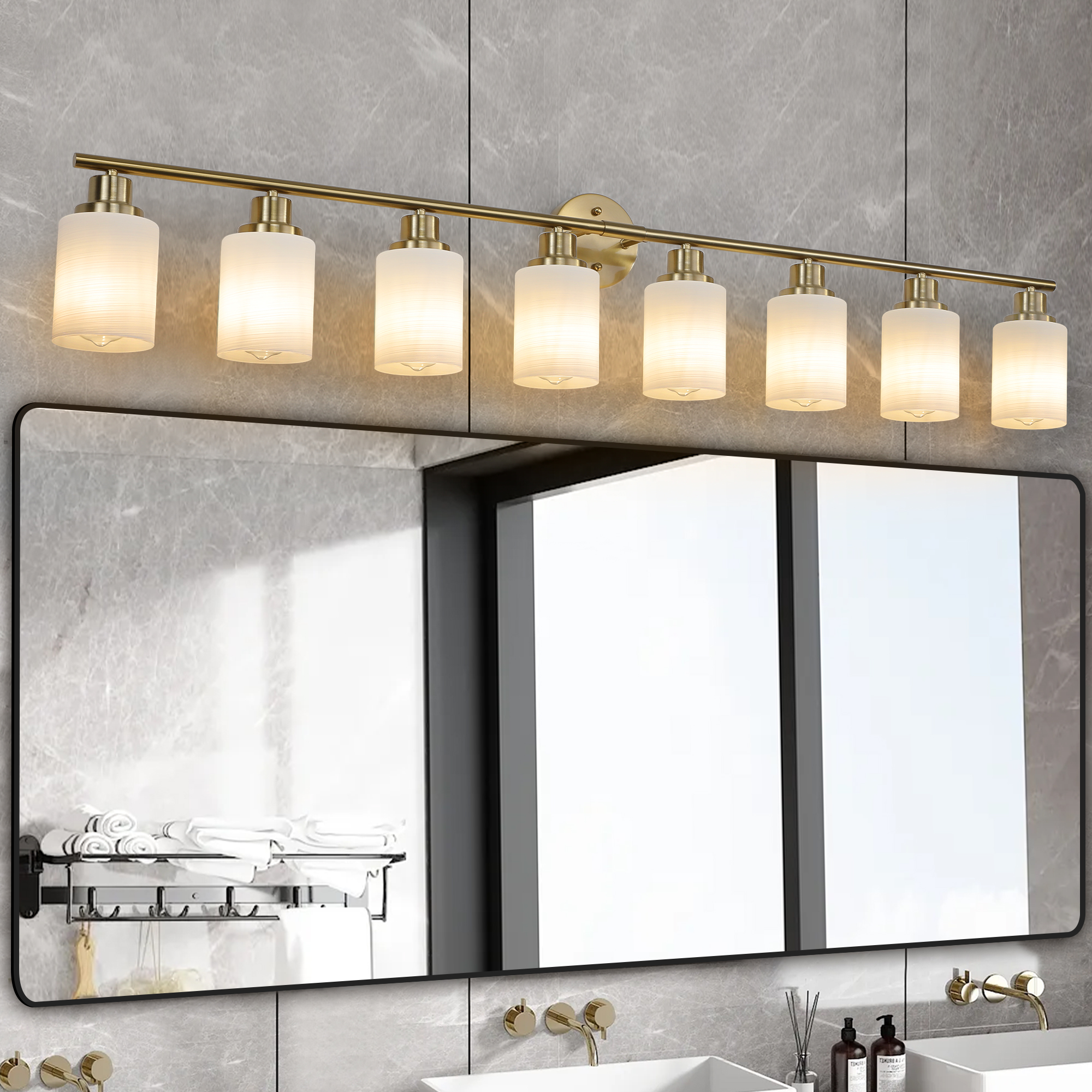 52" Modern 8-Light Vanity Wall Sconce, Golden Finish with Frosted Glass Shades for Bathroom or Hallway Lighting (No Bulbs)
