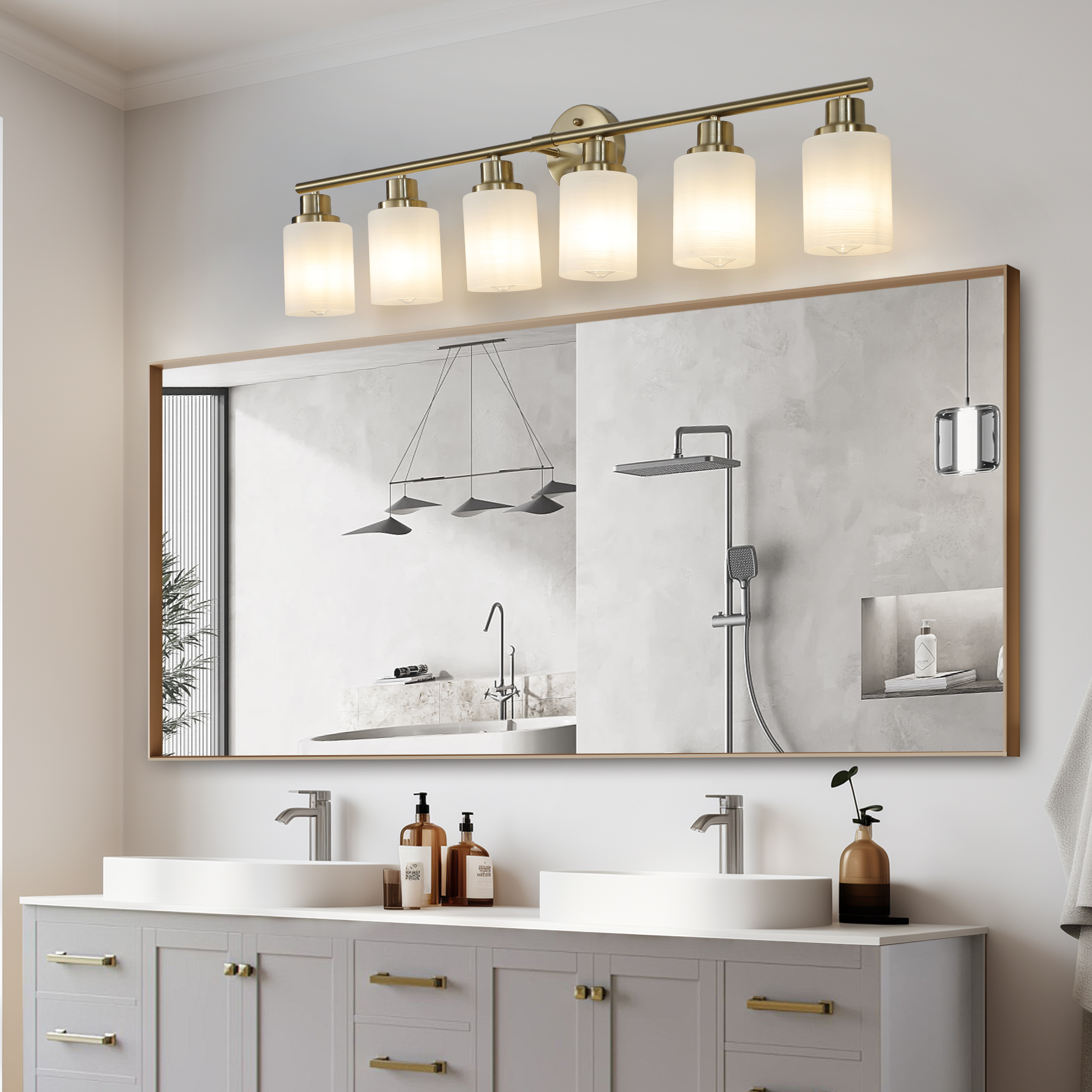 39" Modern 6-Light Vanity Wall Sconce, Golden Finish with Frosted Glass Shades for Bathroom or Hallway Lighting (No Bulbs)