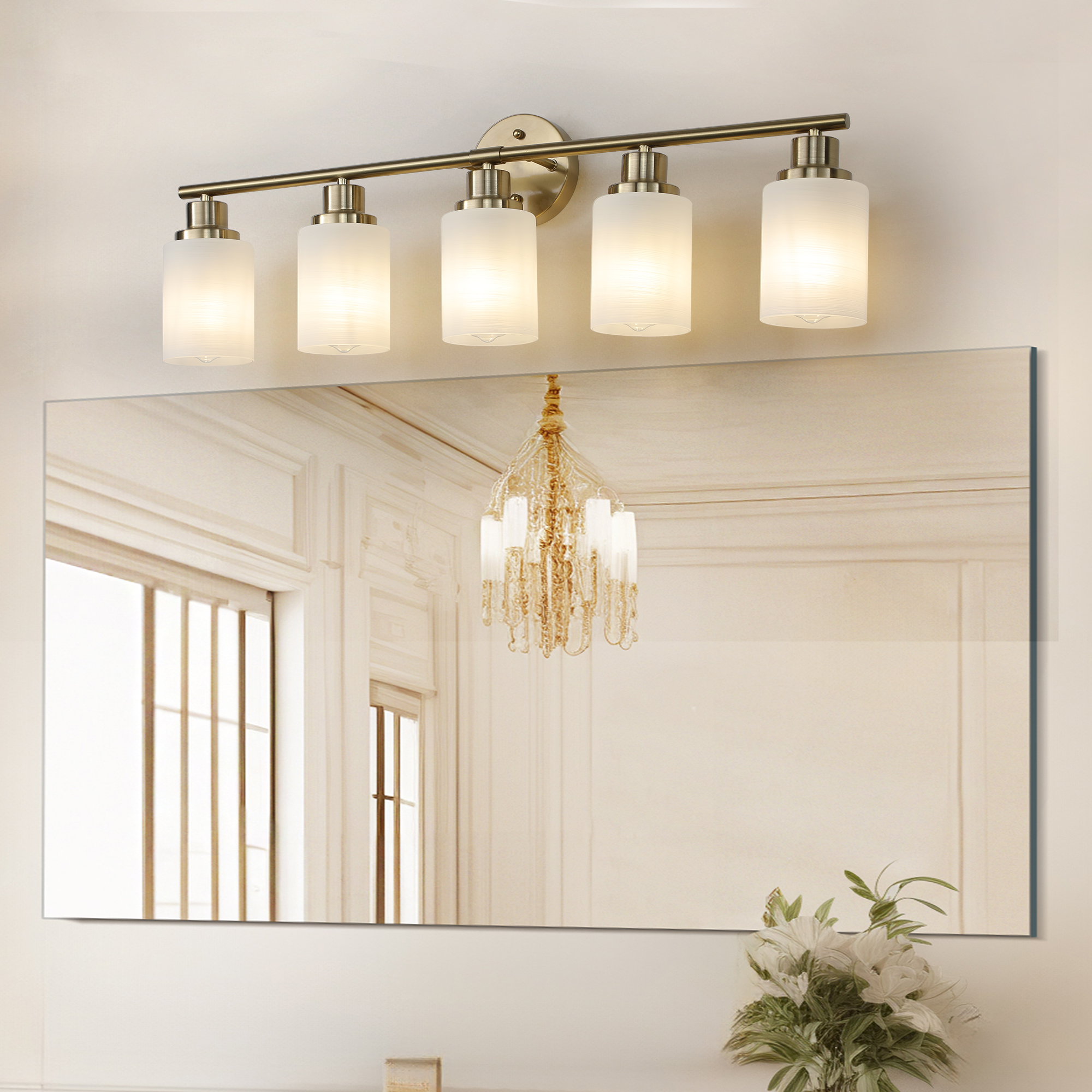 31" Modern 5-Light Vanity Wall Sconce, Golden Finish with Frosted Glass Shades for Bathroom or Hallway Lighting (No Bulbs)