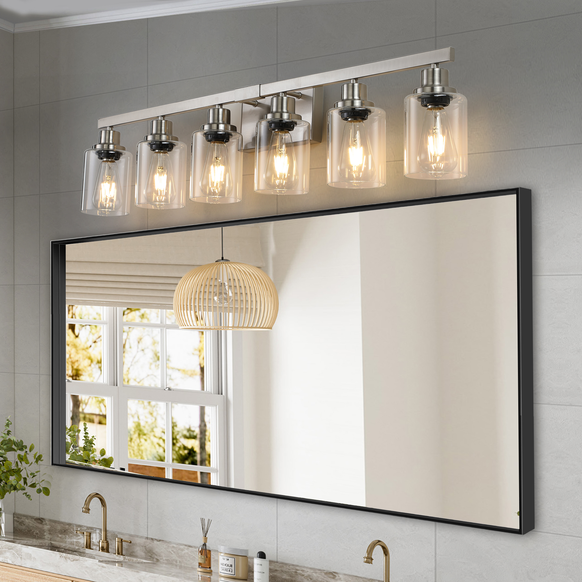37" Modern 6-Light Bathroom Vanity Light Fixture - Brushed Nickel Finish with Clear Glass Shades, Perfect for Bathroom, Vanity, and Dressing Area Lighting (No Bulbs)