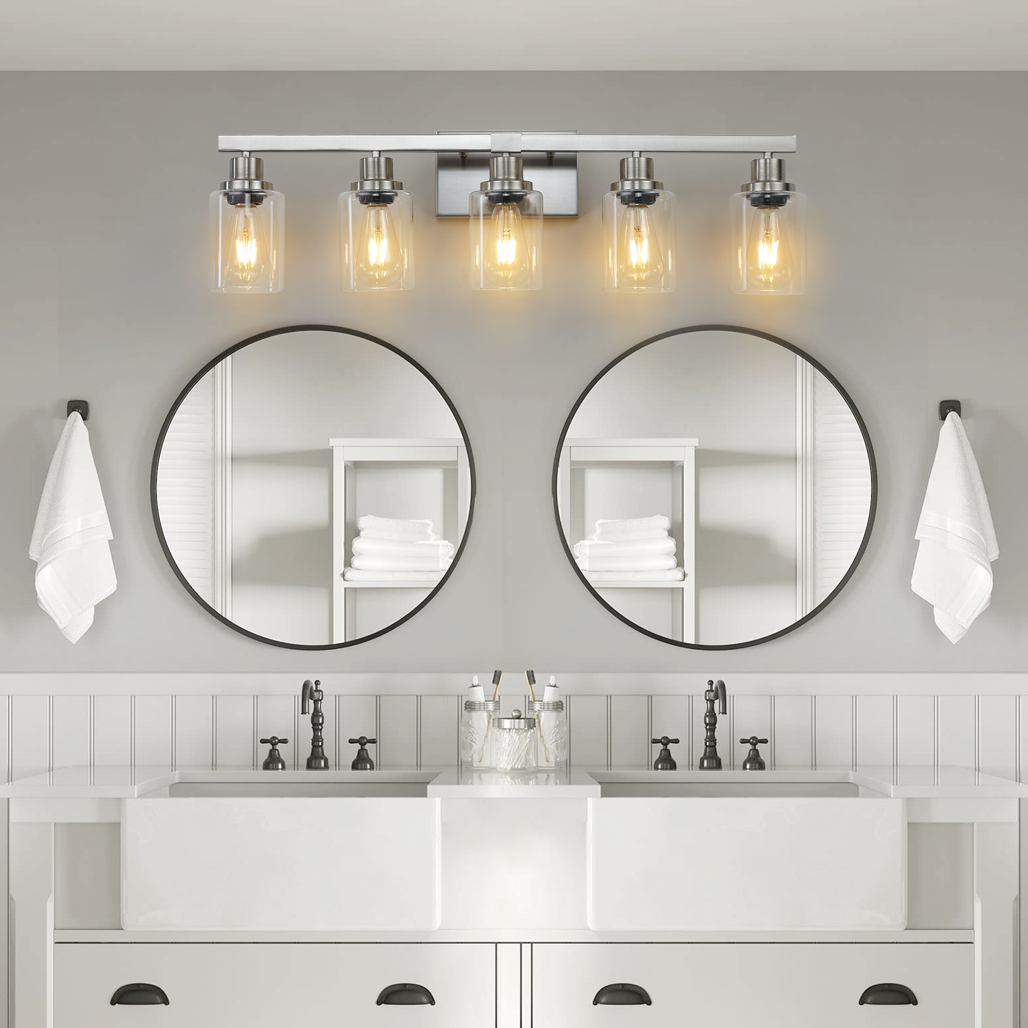 31" Modern 5-Light Bathroom Vanity Light Fixture - Brushed Nickel Finish with Clear Glass Shades, Perfect for Bathroom, Vanity, and Dressing Area Lighting (No Bulbs)