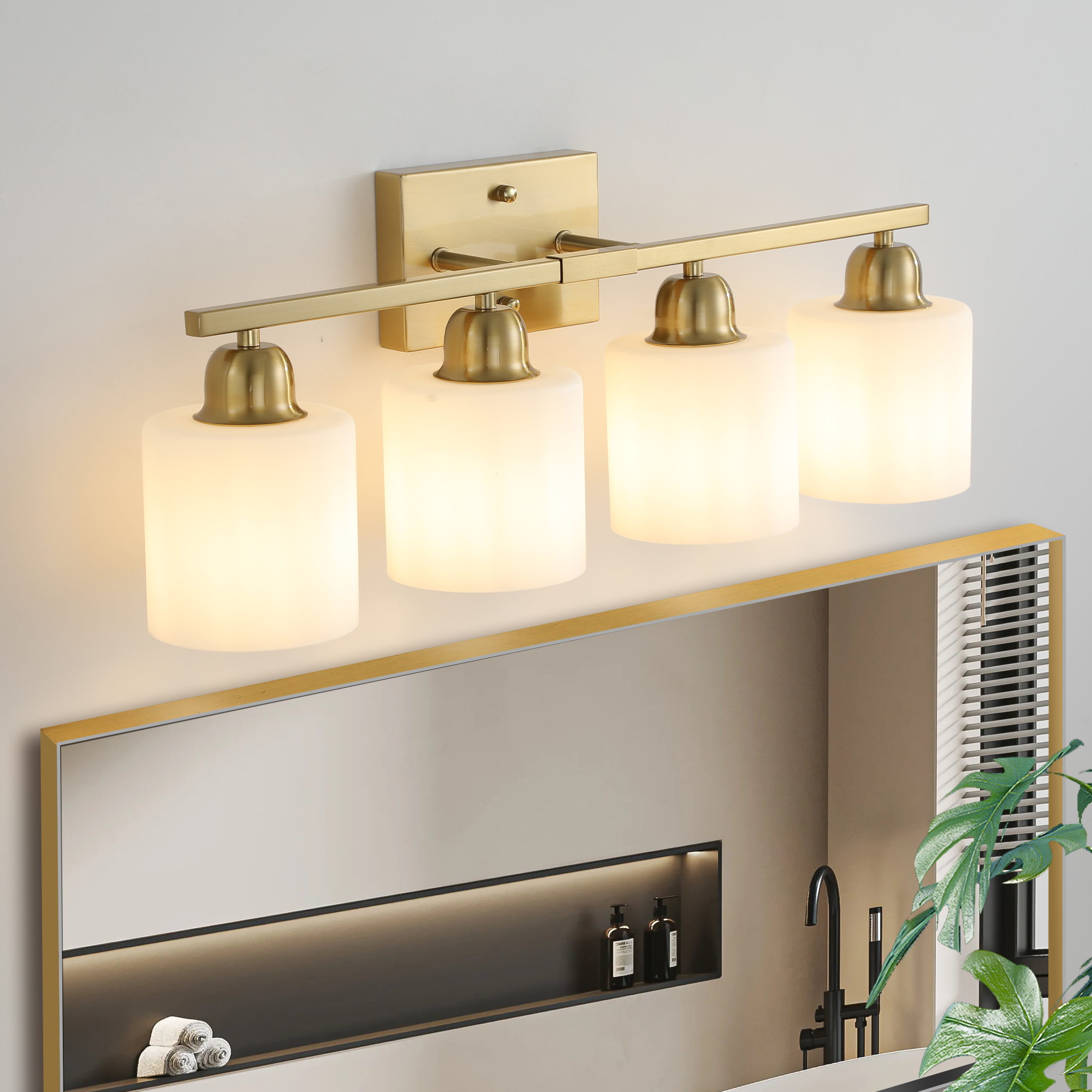 Gold Bathroom Light Fixtures, 4-Light Modern Vanity Light Over Mirror, Wall Sconces with Milky White Frosted Glass Shades, E26 Socket (Bulbs Not Included)