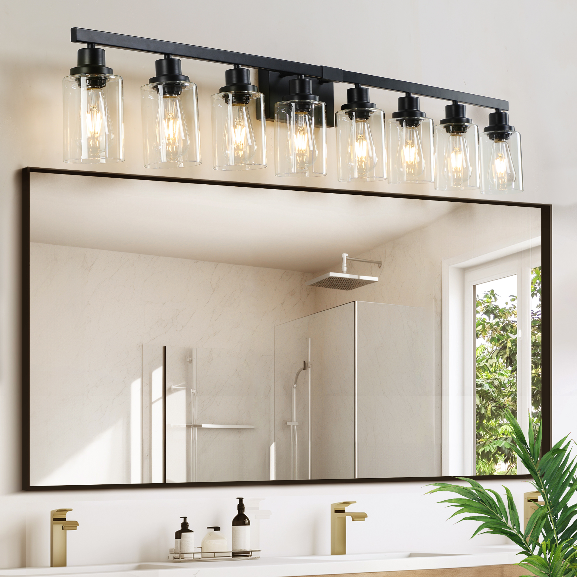51" Black 8-Light Vanity Light with Clear Glass Shades, Modern Iron Metal Bathroom Wall Fixture for Mirror, Ideal for Bathroom and Dressing Table (No Bulbs)