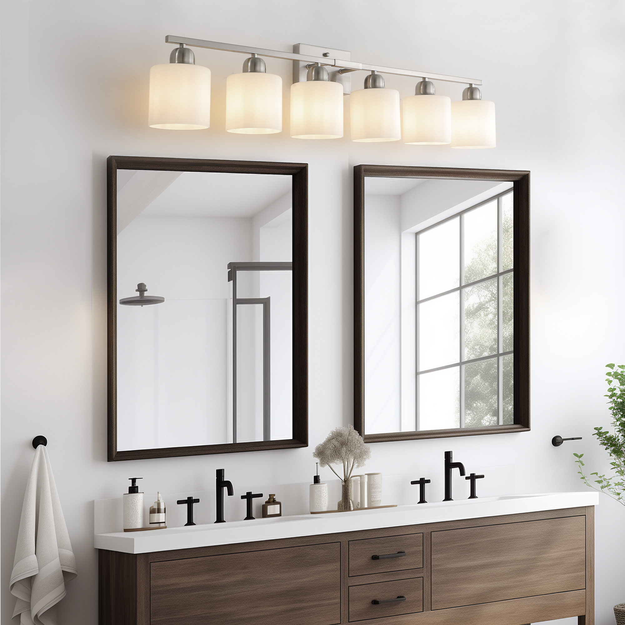 38" Bathroom Vanity Light, 6-Light Nickel Vanity Lights for Bathroom, Wall Sconce Lighting with Milky White Glass Shade, Wall Lights,Bath Vintage Wall Mounted Lamps for Mirror Bedroom