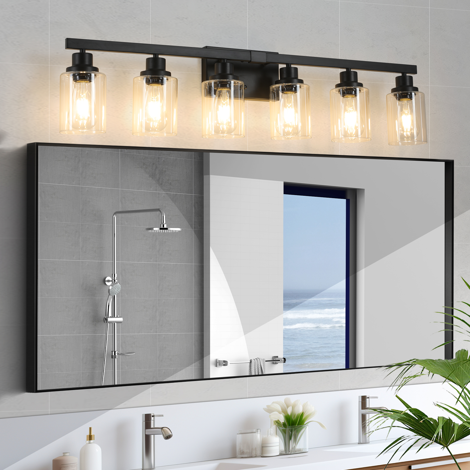 37" Modern 6-Light Bathroom Vanity Light Fixture - Black Finish with Clear Glass Shades, Perfect for Bathroom, Vanity, and Dressing Area Lighting (No Bulbs)