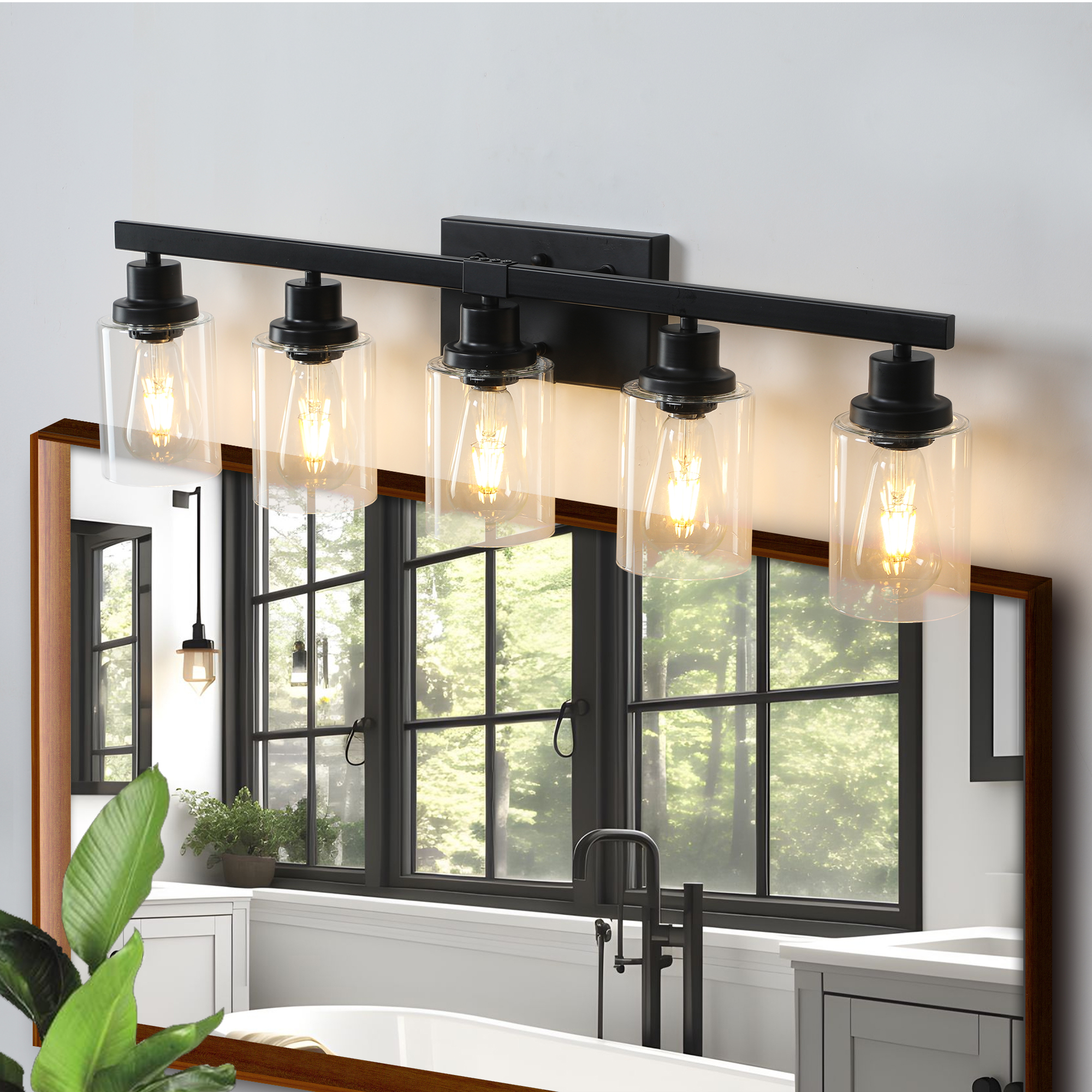 31" Modern Black 5-Light Bathroom Vanity Light Fixture, Industrial Wall Sconce with Clear Glass Shades for Mirror, Bathroom, Bedroom, and Hallway (No Bulbs)